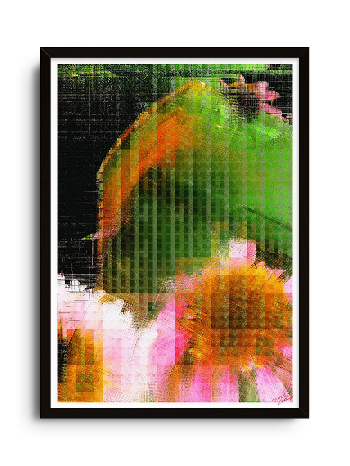 "Glitch 25.915 Flwr.002" by Aaron Borchardt, artwork in Black Frame, East Side Studio London fine art print mockup.