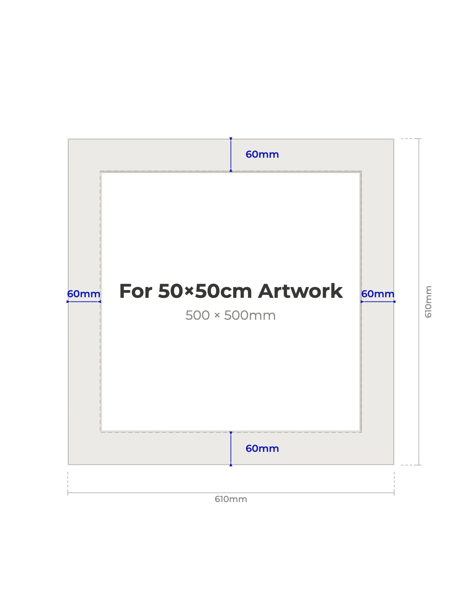 Dimensions of 24×24" mount board with window for 50×50cm artwork