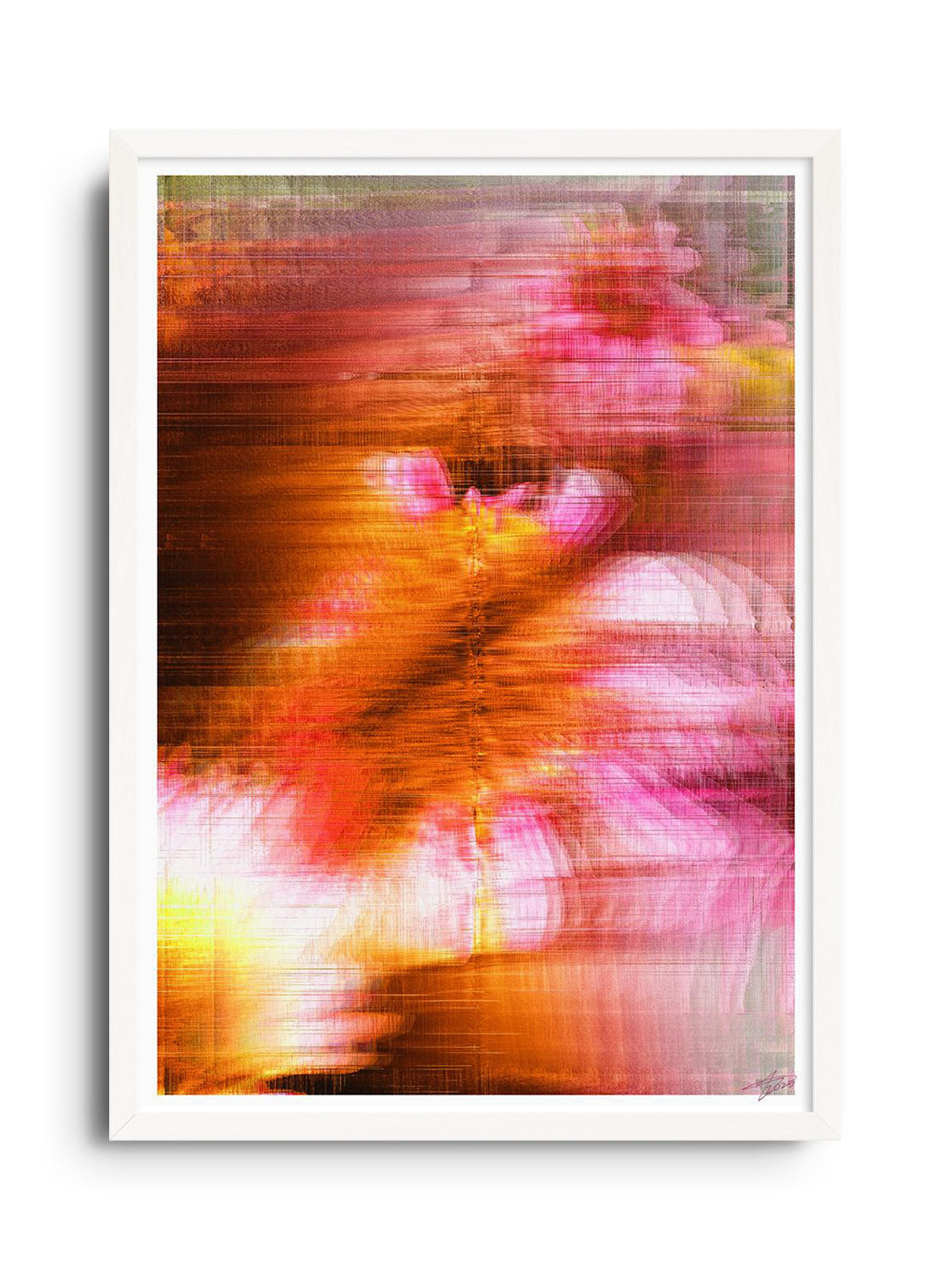 "Glitch 25.915 Flwr.001 by Aaron Borchardt, White Frame Mockup at East Side Studio London Fine Art Print Gallery"