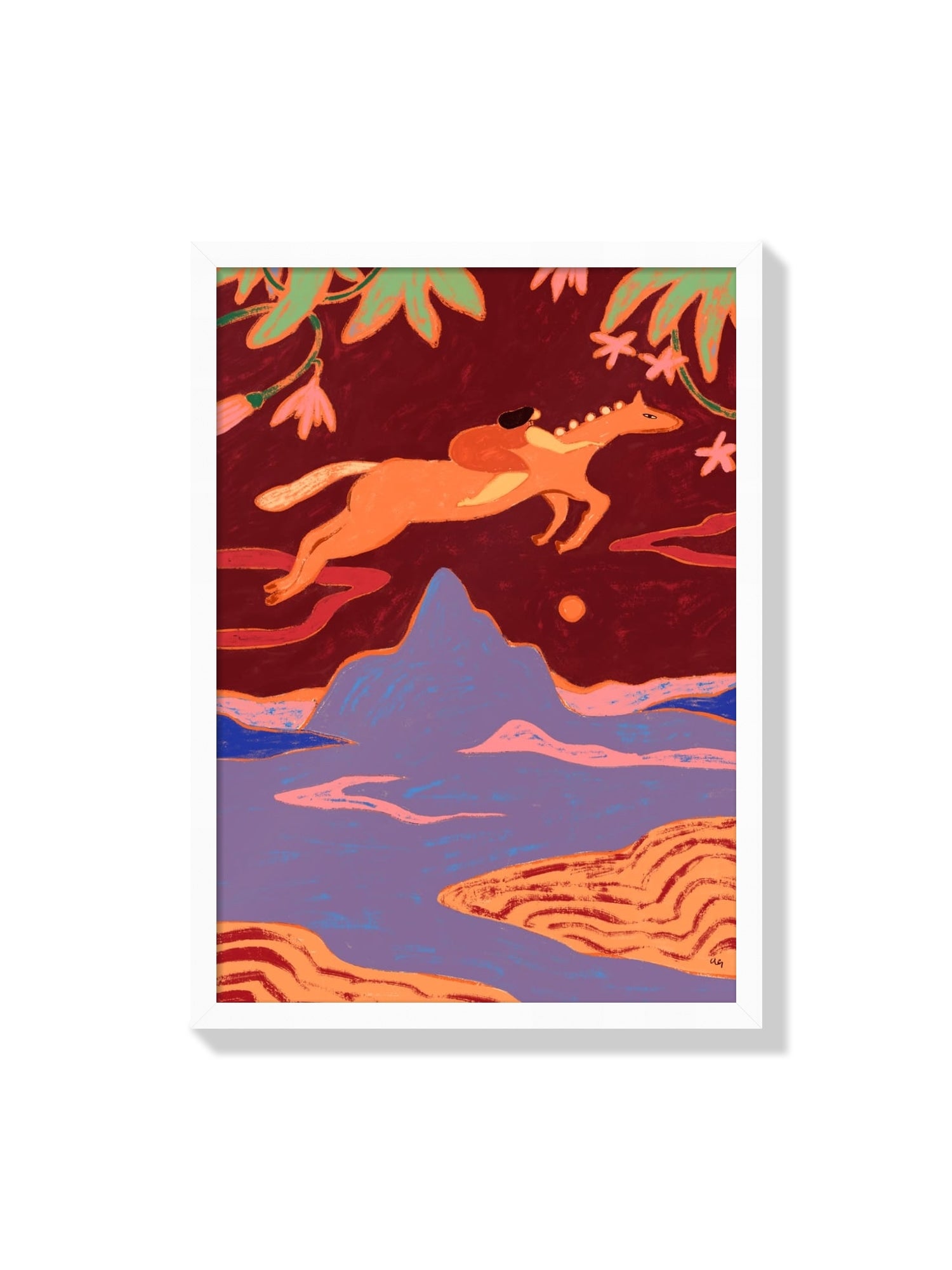 "May You Soar" by Arty Guava in white frame, fine art print featuring vibrant bird motif and abstract design elements. |frame=White Frame|