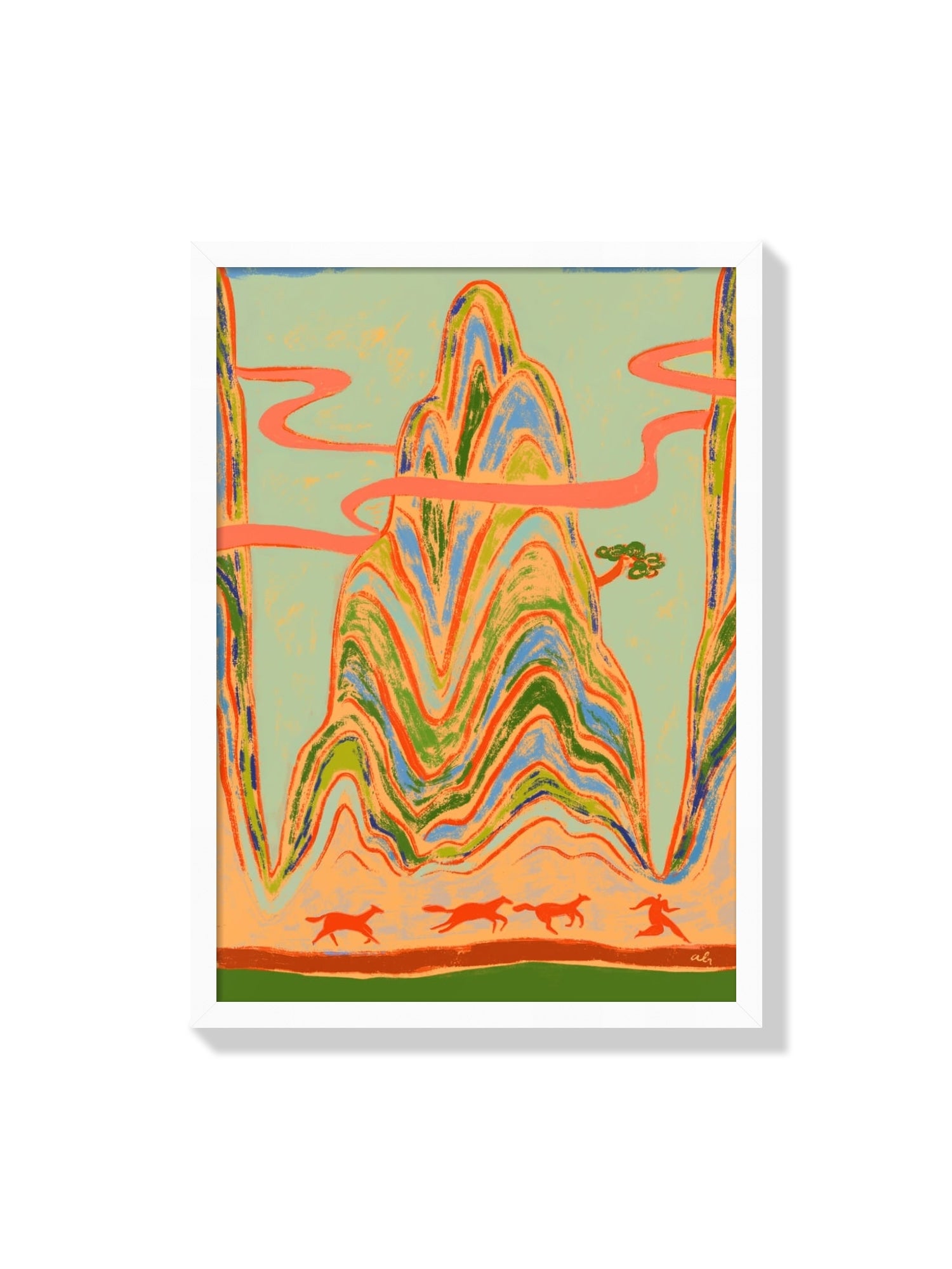 "Full Gallop" by Arty Guava, fine art print in white frame showing a vibrant, dynamic horse scene. |frame=White Frame|