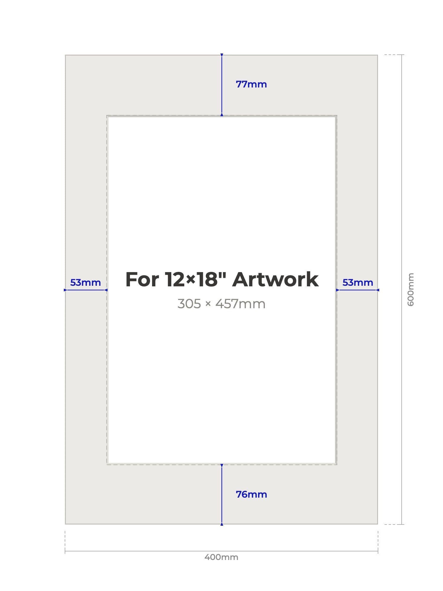 Dimensions of 40×60cm mount board with window for 12×18" artwork