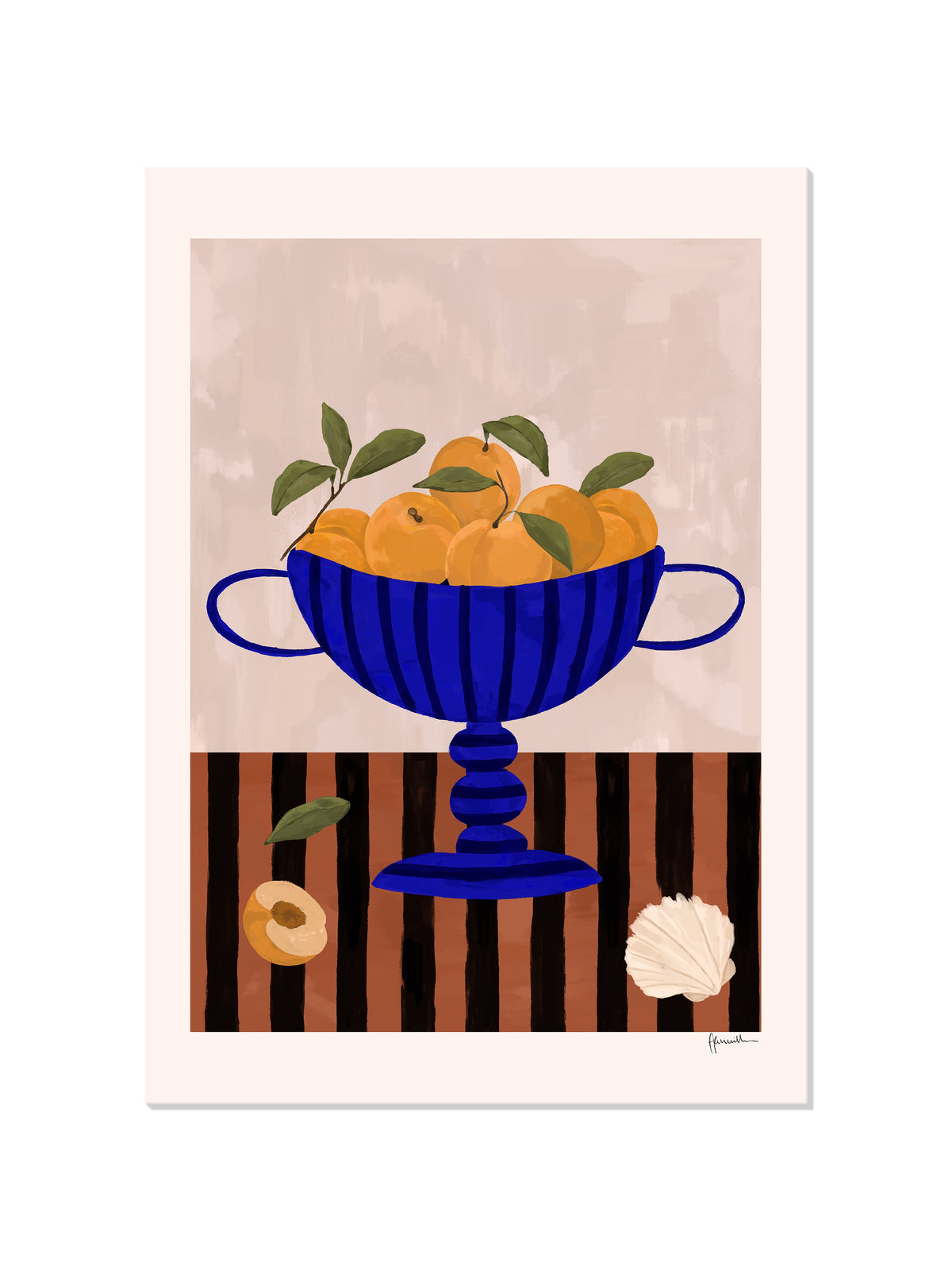 peaches in blue striped vase - Frankie Penwill - Unframed |frame=Unframed|