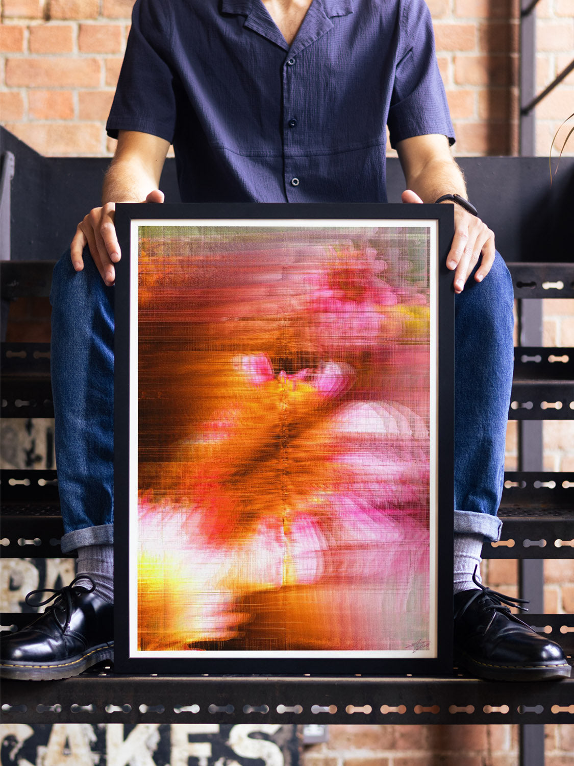 "Glitch 25.915 Flwr.001" by Aaron Borchardt in styled interior, framed in black, at East Side Studio London.