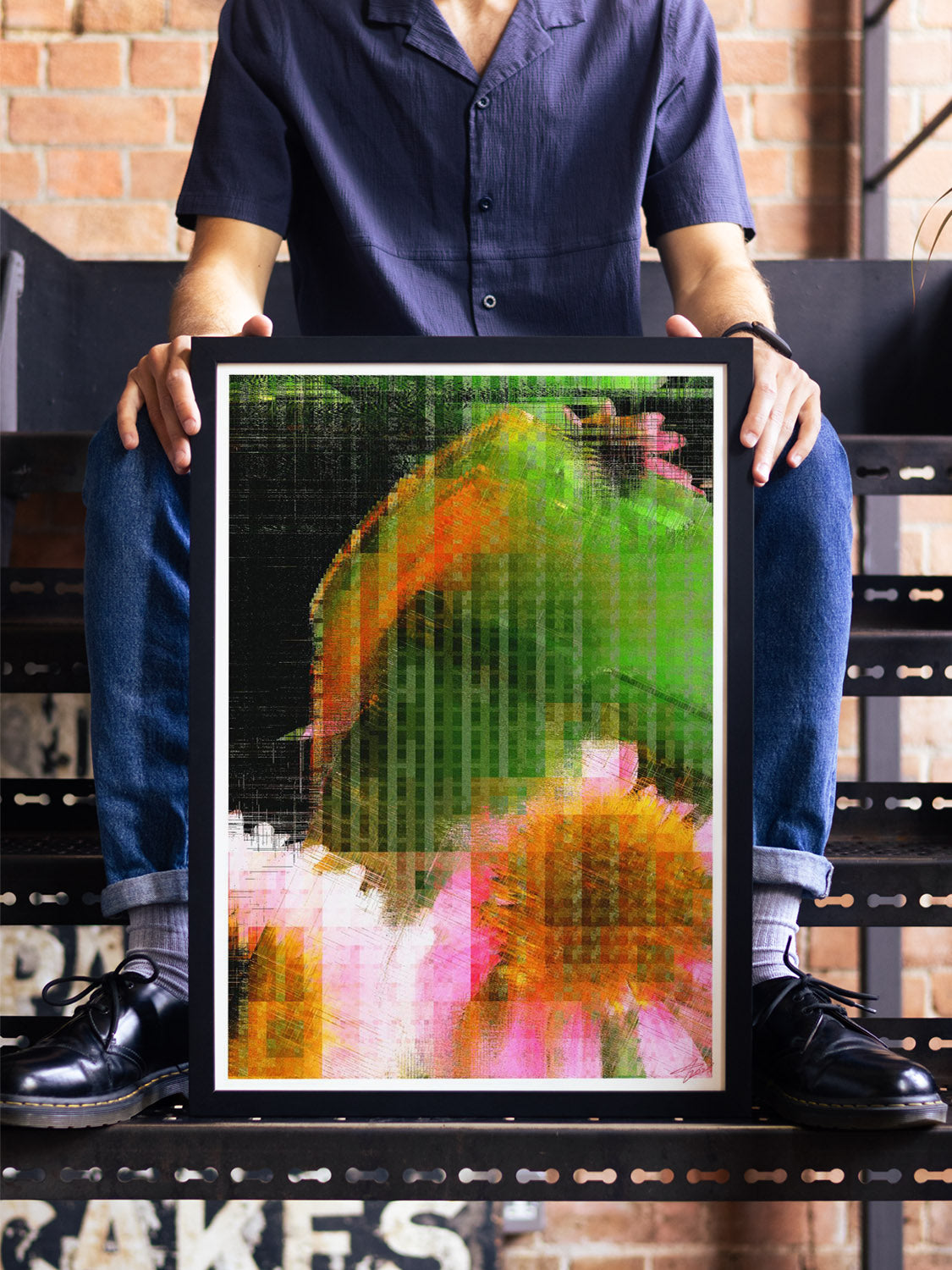 Styled interior with Aaron Borchardt's "Glitch 25.915 Flwr.002," framed fine art print from East Side Studio London.