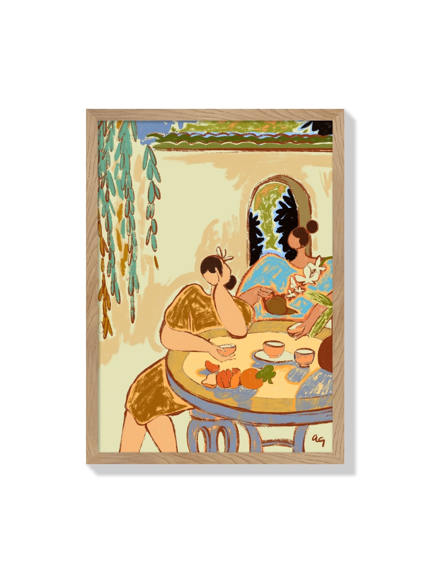 "Tea Ceremony" fine art print by Arty Guava in Natural Frame, detailed depiction of a traditional tea ritual. |frame=Natural Frame|