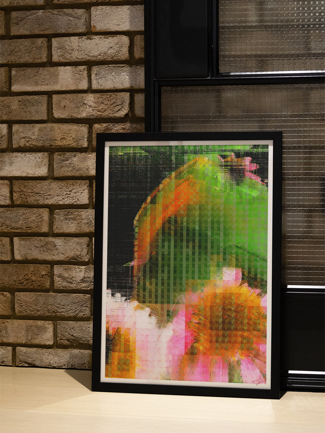 "Glitch 25.915 Flwr.002" by Aaron Borchardt in a styled interior, lifestyle setting, framed fine art print at East Side St...