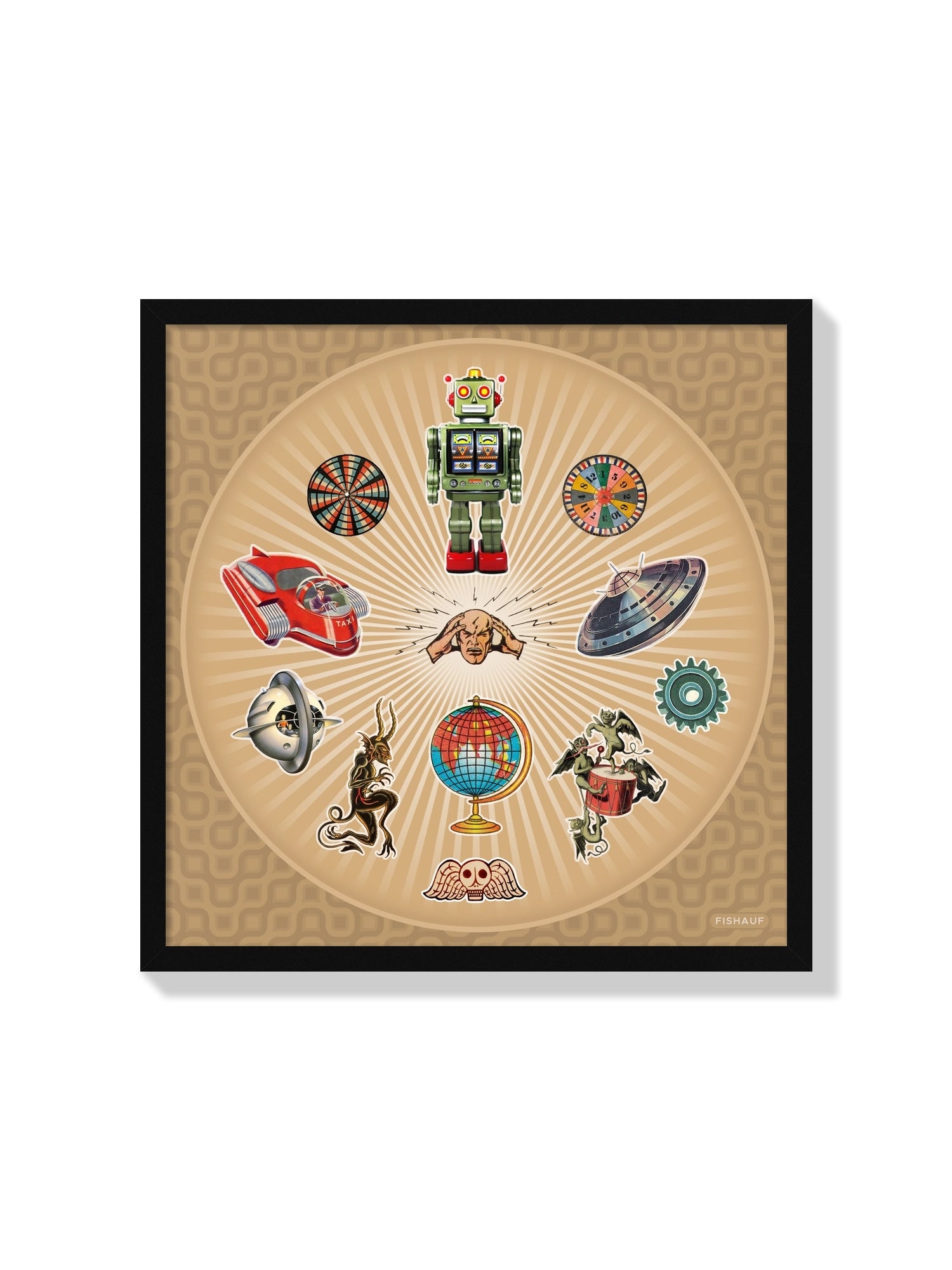 Fine art print "BRAINIAC" by Louis Fishauf in black frame, featuring intricate design elements. |frame=Black Frame|