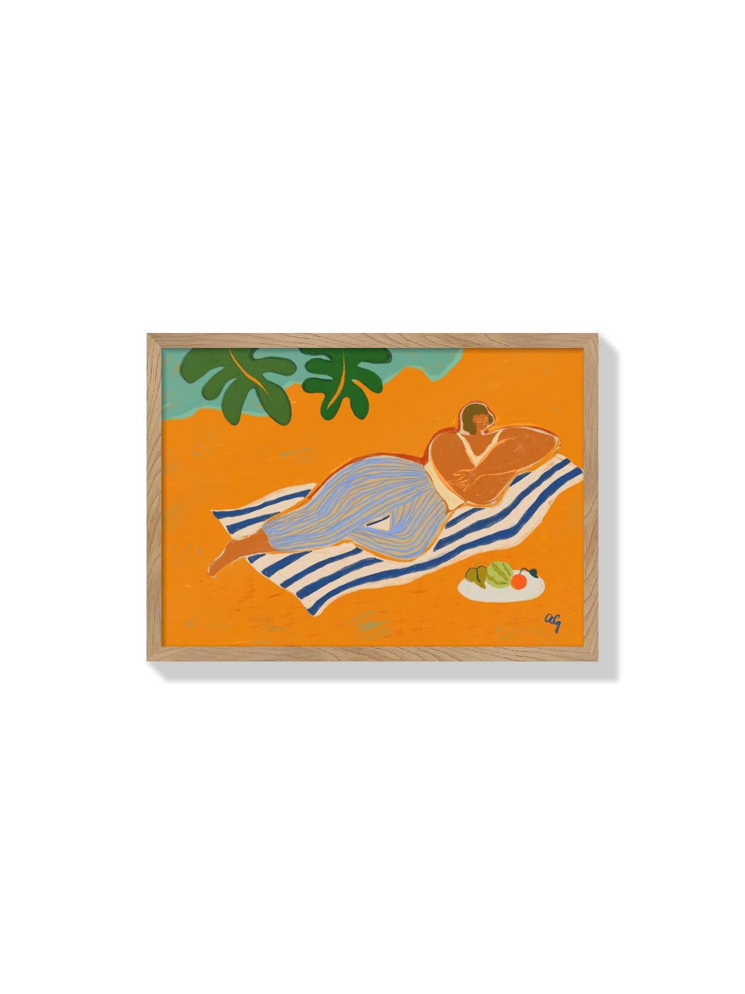 Fine art print "The Day At The Beach" by Arty Guava in natural frame, featuring a serene coastal scene. |frame=Natural Frame|