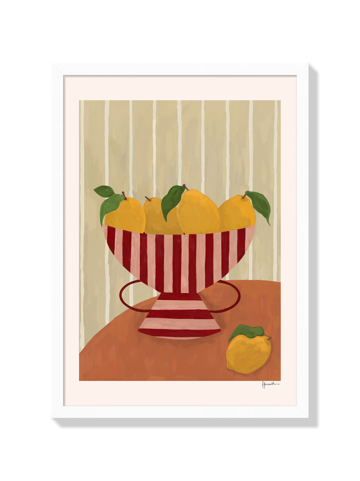 Lemons In Striped Bowl - Frankie Penwill - White Frame |frame=White Frame|