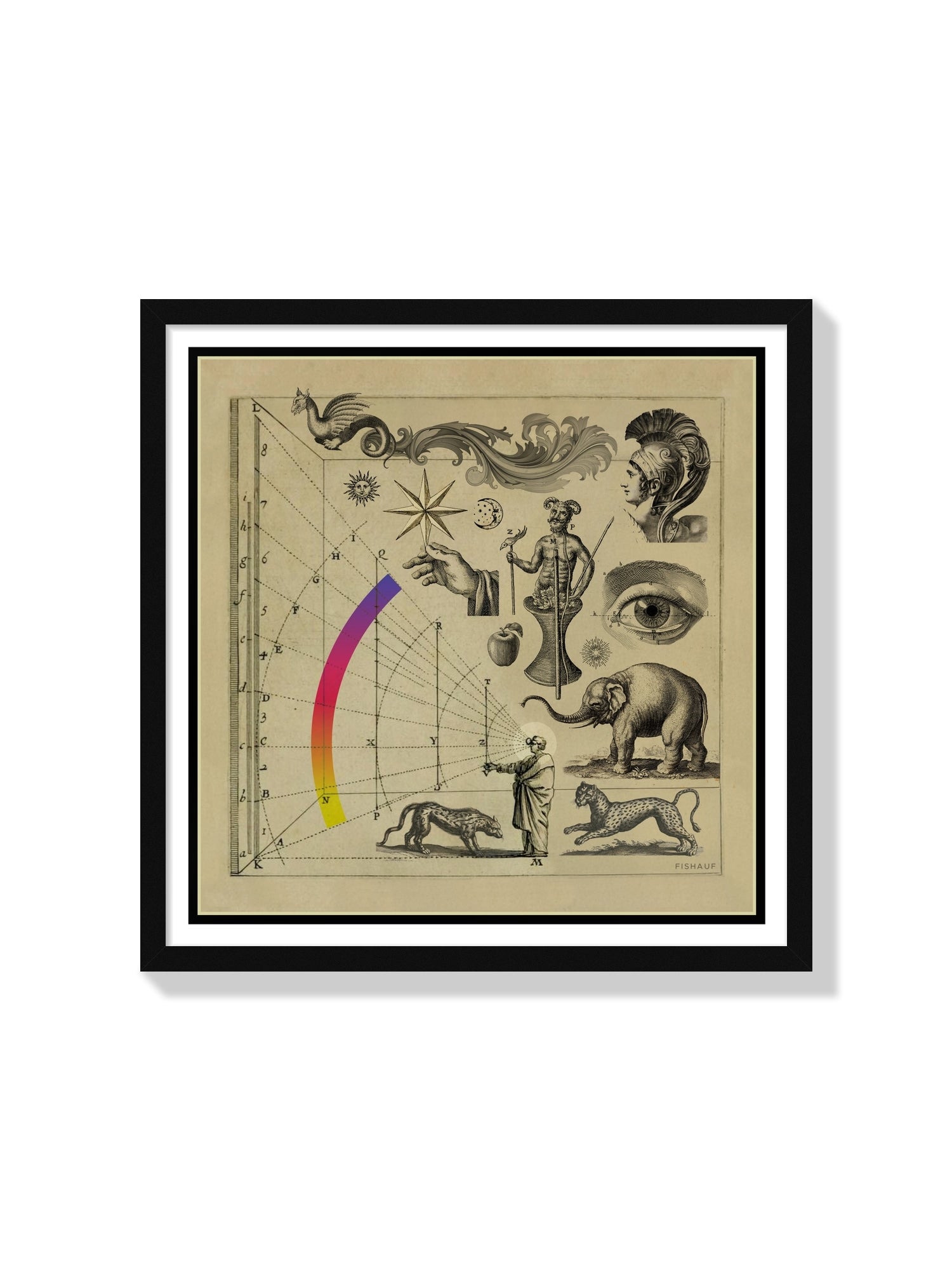 Fine art print "VISION" by Louis Fishauf in black frame, showcasing intricate design with vivid colors and bold lines. |frame=Black Frame|