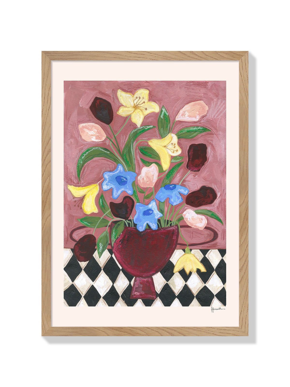 Colourful Bunch In Burgundy Vase - Frankie Penwill - Natural Frame |frame=Natural Frame|