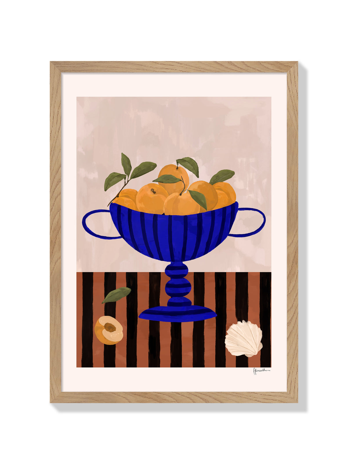 peaches in blue striped vase - Frankie Penwill - Natural Frame |frame=Natural Frame|