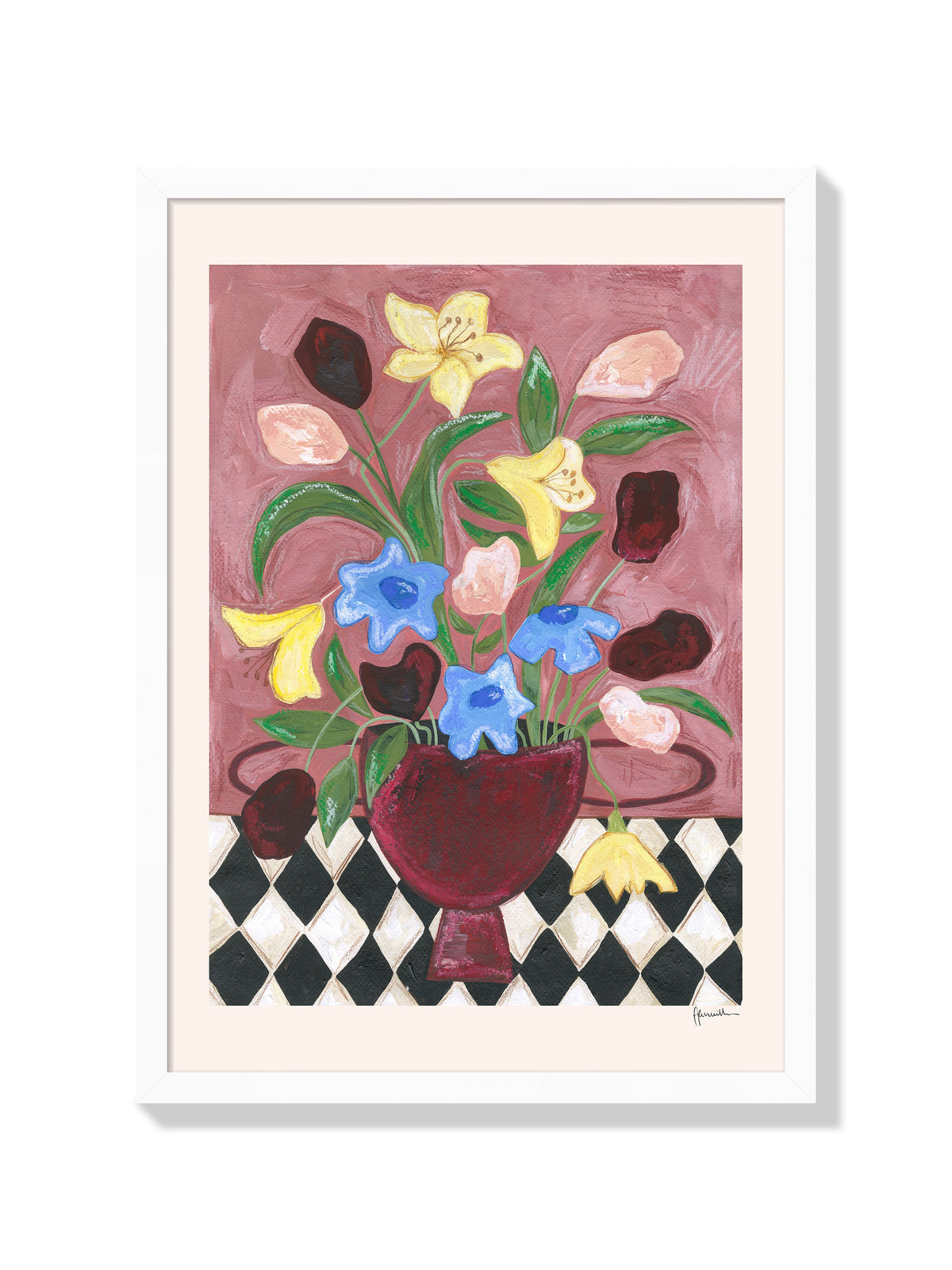 Colourful Bunch In Burgundy Vase - Frankie Penwill - White Frame |frame=White Frame|