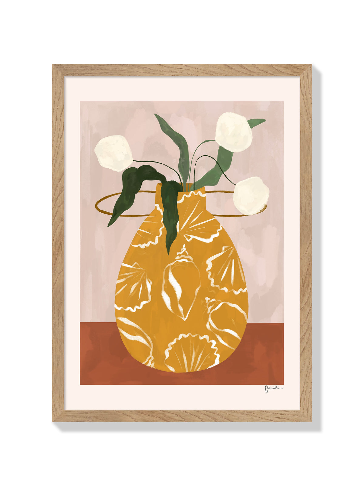 White Flowers In Shell Vase - Frankie Penwill - Natural Frame |frame=Natural Frame|