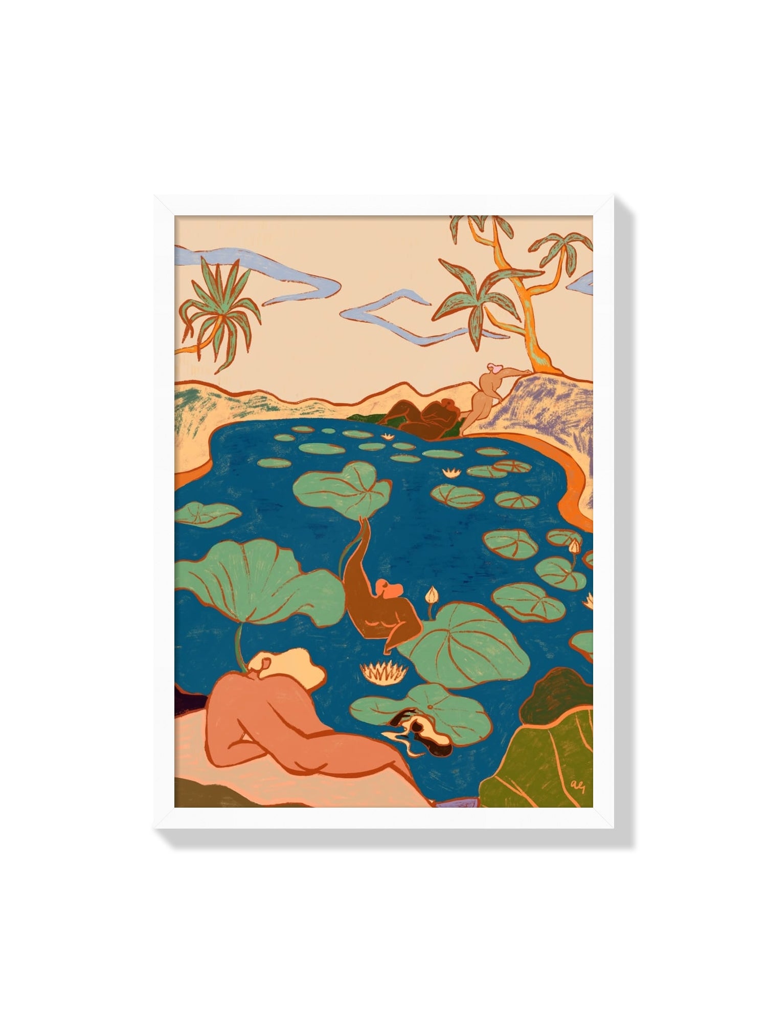 "By The Lily Pond" by Arty Guava fine art print in white frame; serene pond scene with lilies and foliage. |frame=White Frame|
