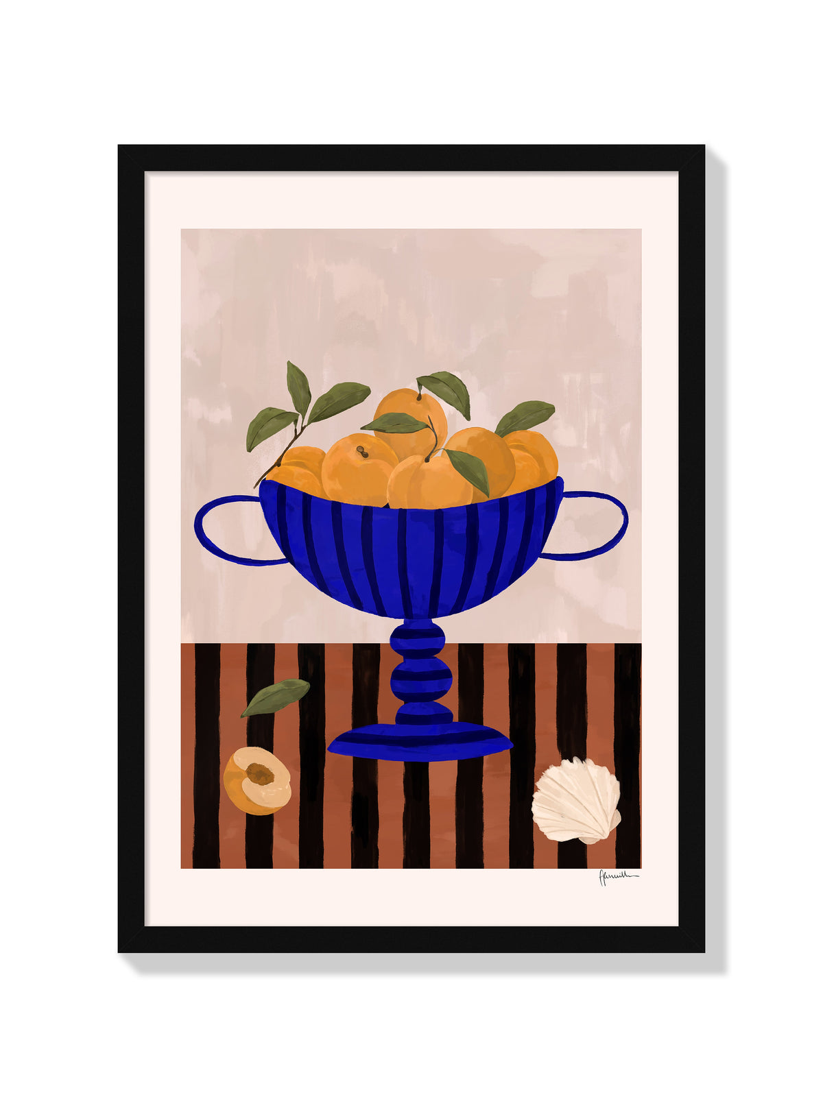 peaches in blue striped vase - Frankie Penwill - Black Frame |frame=Black Frame|