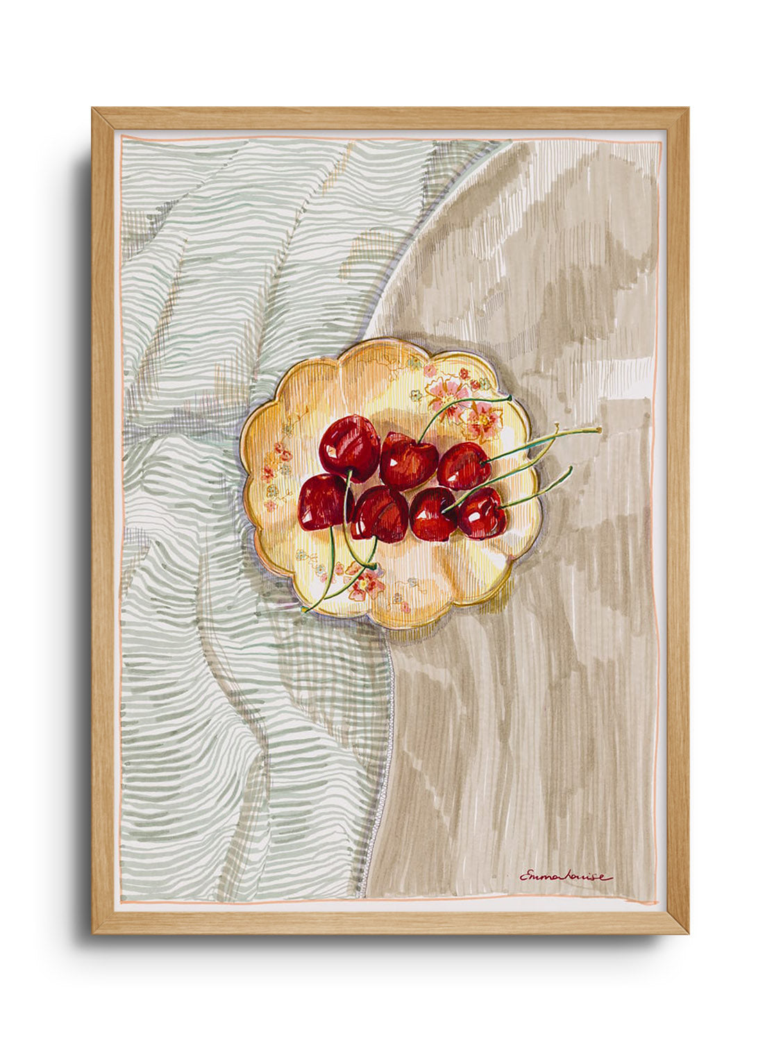"Cherries" fine art print by Emma Louise in Natural Frame displaying vibrant cherries and foliage. |frame=Natural Frame|