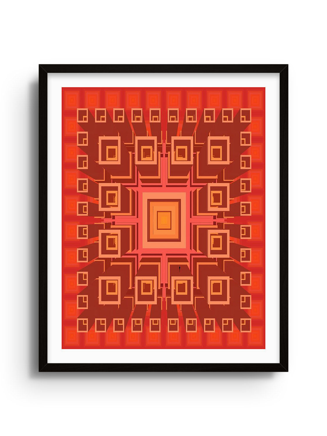 "Built Around" by Michael Strevens in black frame, fine art print featuring abstract design with geometric patterns.