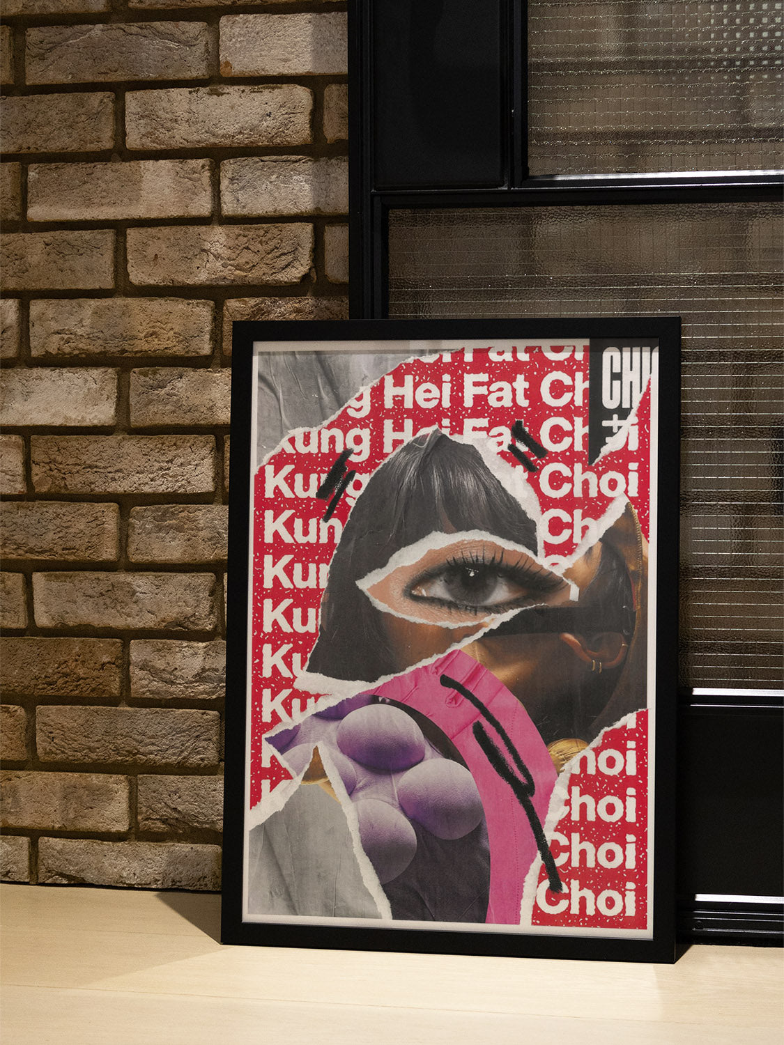 "KUNG HEI FAT CHOI" art by Chico Leong, in black frame, styled interior setting with fine art print on wall. |type=lifestyle|