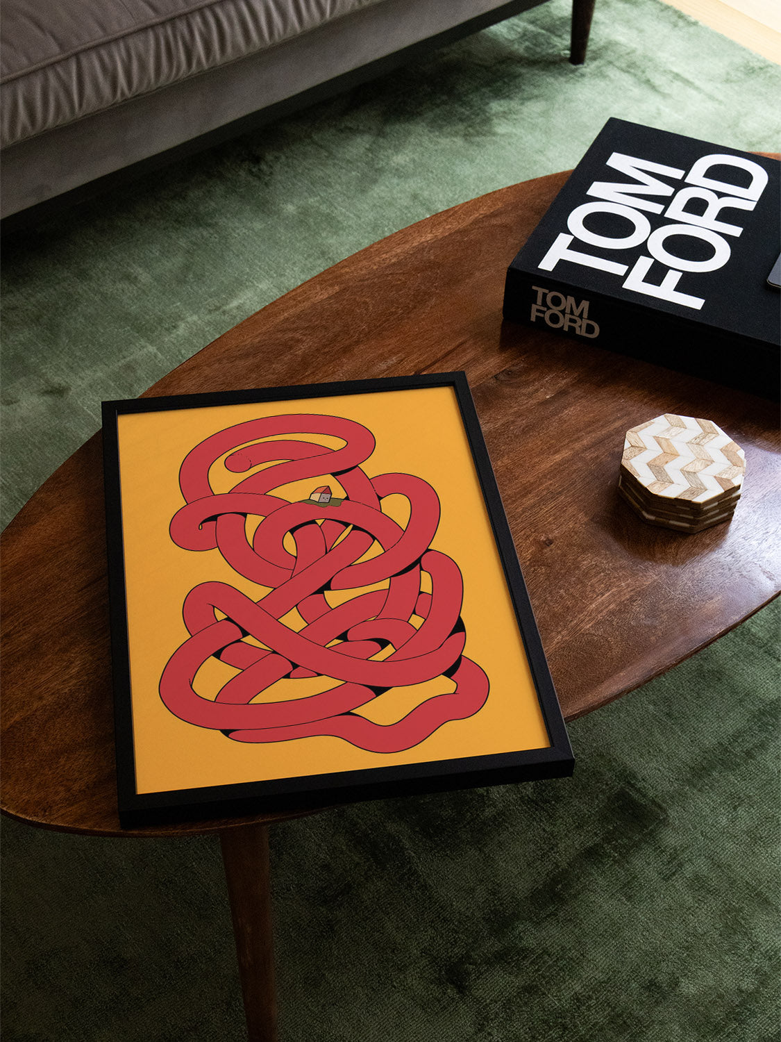 "Noodle" by Ori Toor, fine art print in black frame displayed in modern interior setting. |type=lifestyle|