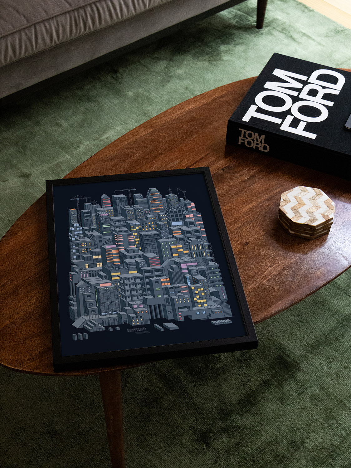 City Builders (Nighttime) by Rick Crane in black frame, displayed in a modern interior setting. |type=lifestyle|