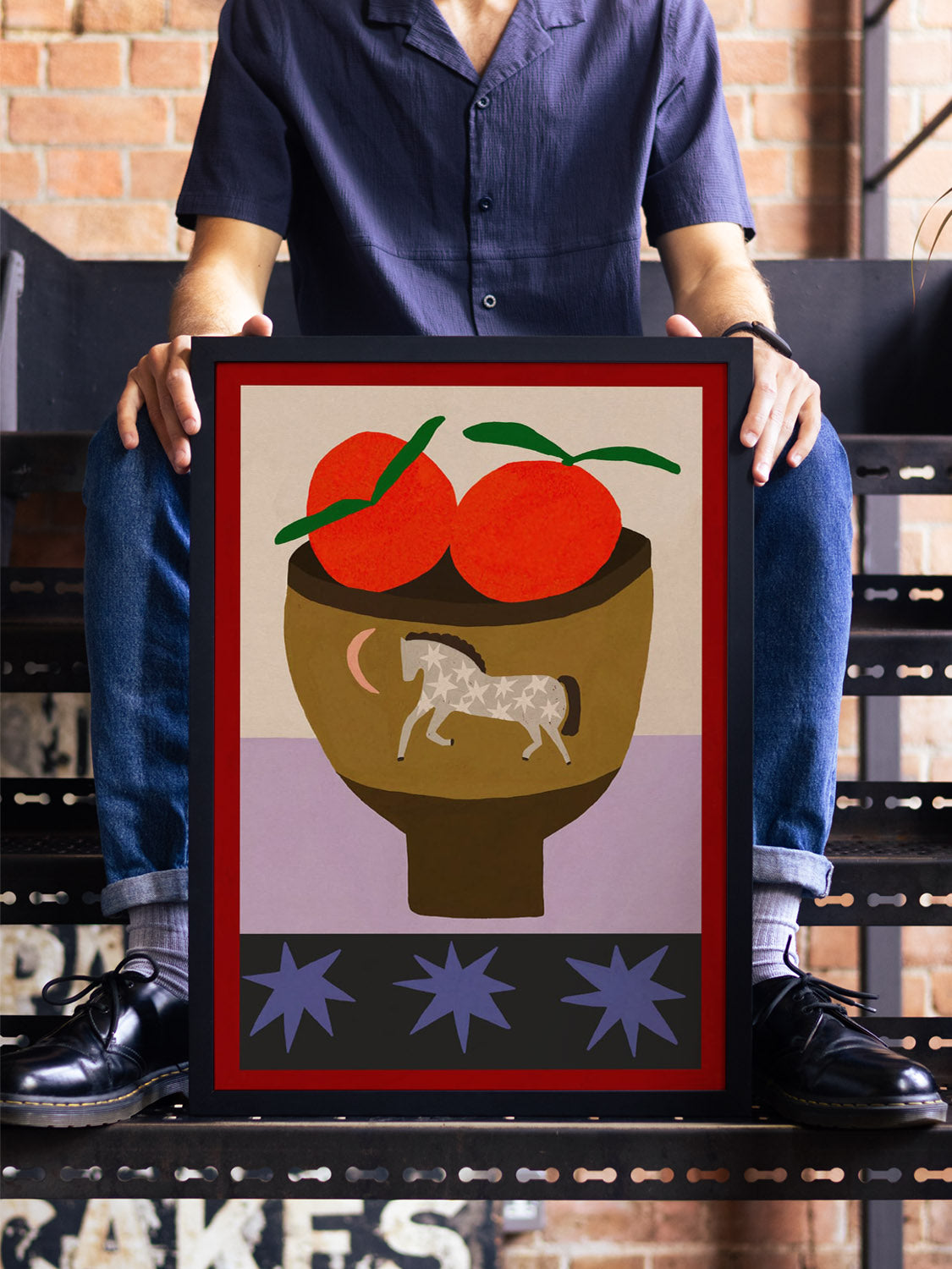 "Oranges In A Vase" by Sophie Deller in white frame, fine art print displayed in a modern interior setting. |type=lifestyle|