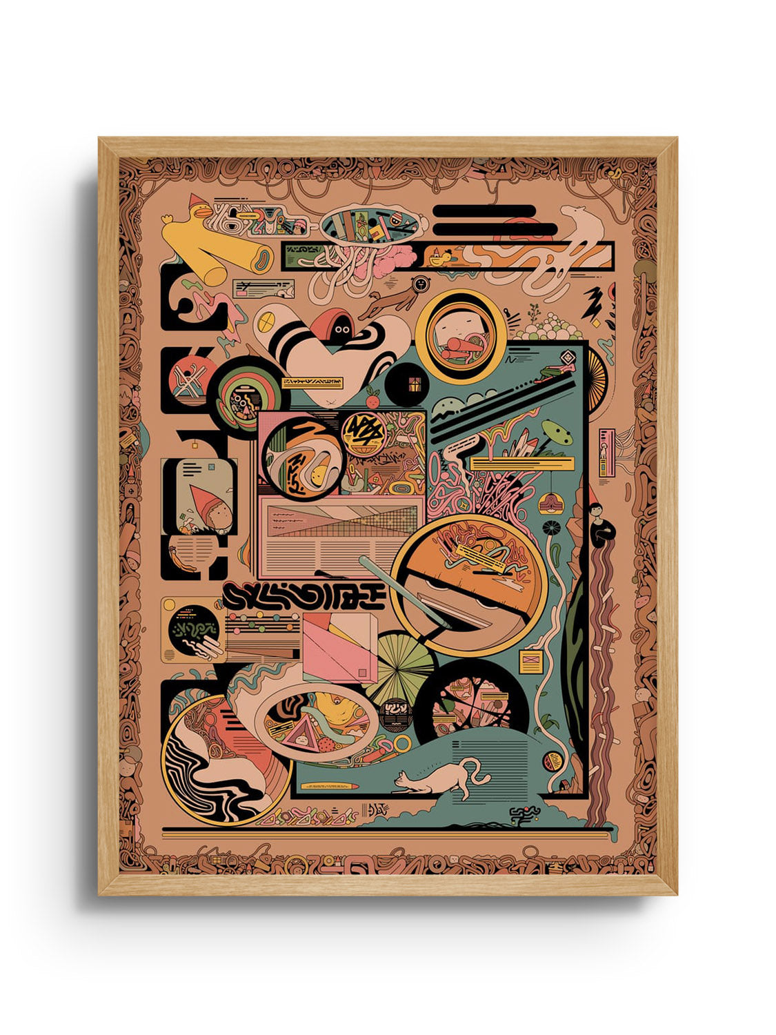 "Krabobitz" fine art print by Ori Toor in Natural Frame, detailed and colorful abstract design. |frame=Natural Frame|