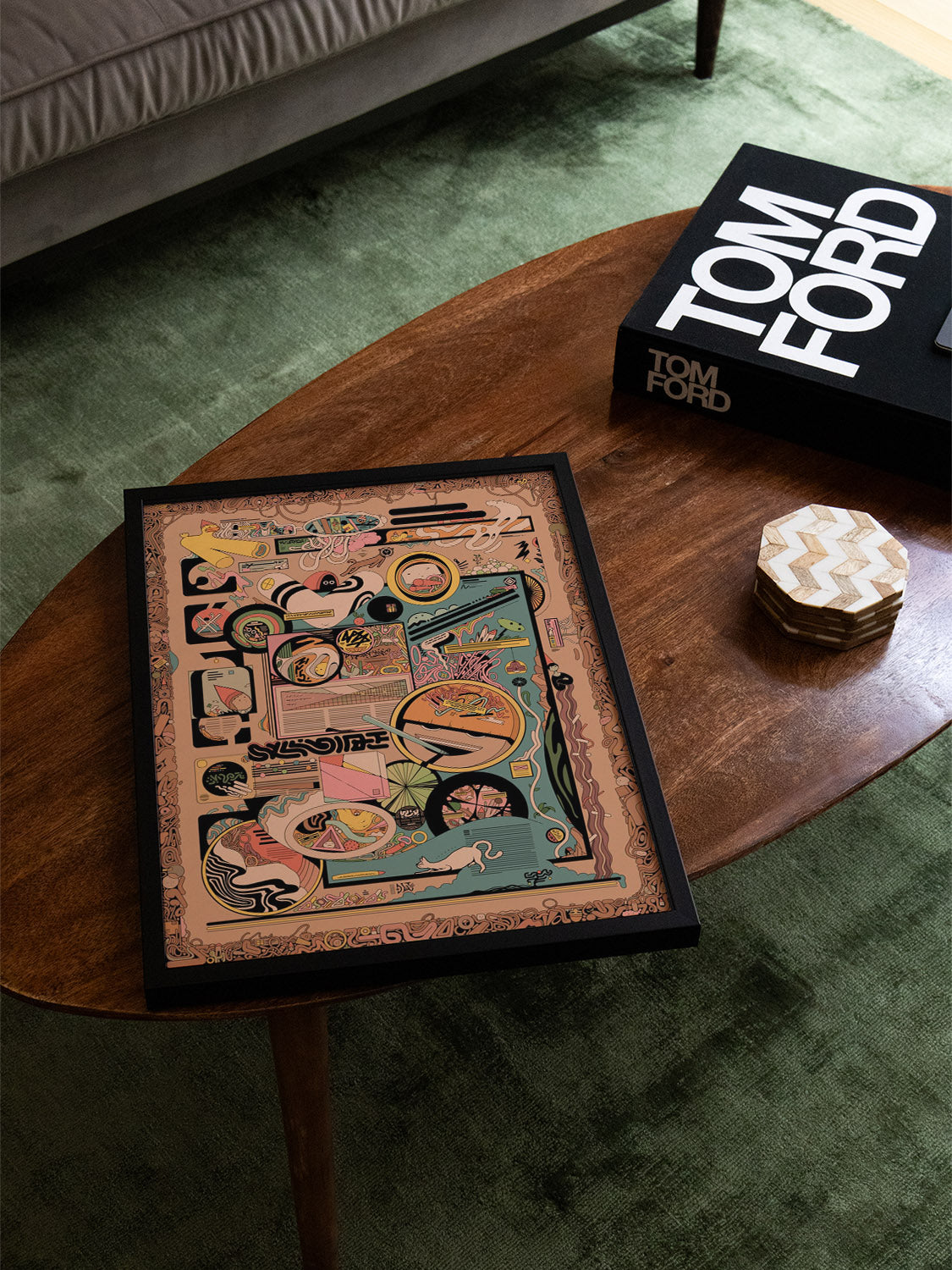 "Krabobitz by Ori Toor in black frame displayed in a styled interior setting, showcasing vibrant abstract art." |type=lifestyle|