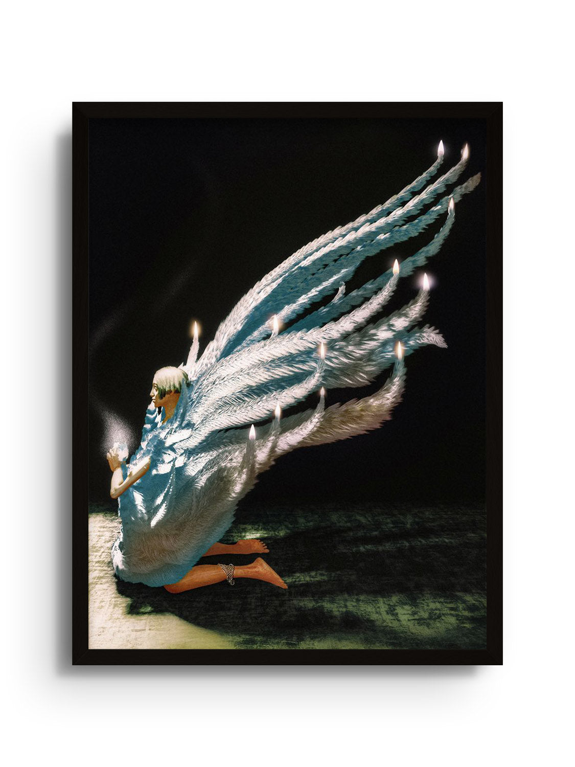 Fine art print "Playing God" by denisa rahma in black frame, showcasing intricate design and bold colors.