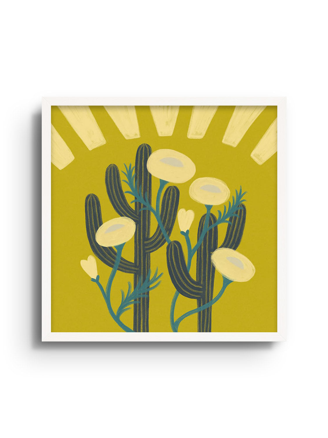 "Sunrise Cactai" fine art print by Sophia Sky in white frame, showcasing a vibrant desert sunrise scene with cacti. |frame=White Frame|