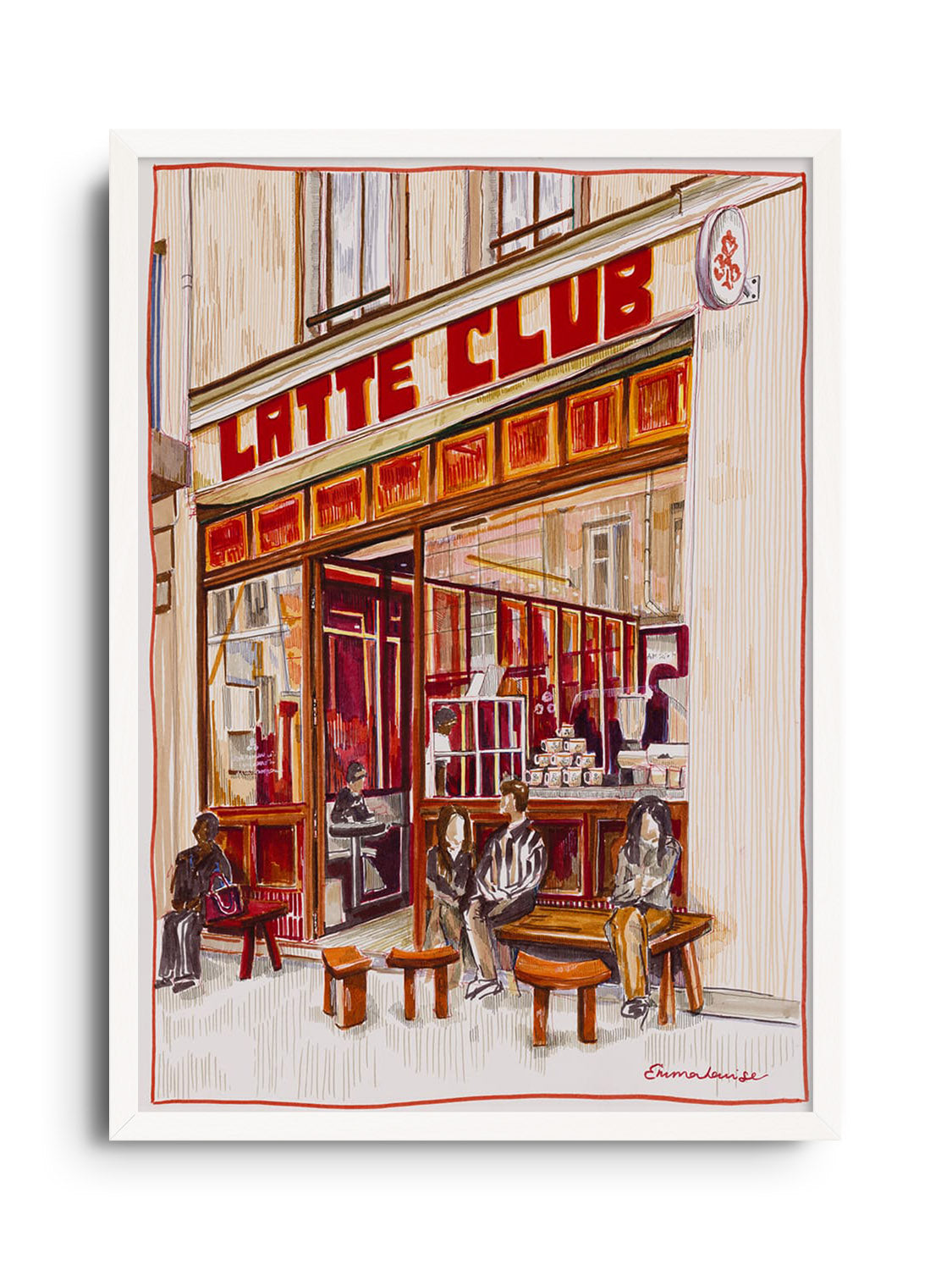 "Latte Club Paris" by Emma Louise, fine art print in white frame - elegant display of Parisian café scene. |frame=White Frame|