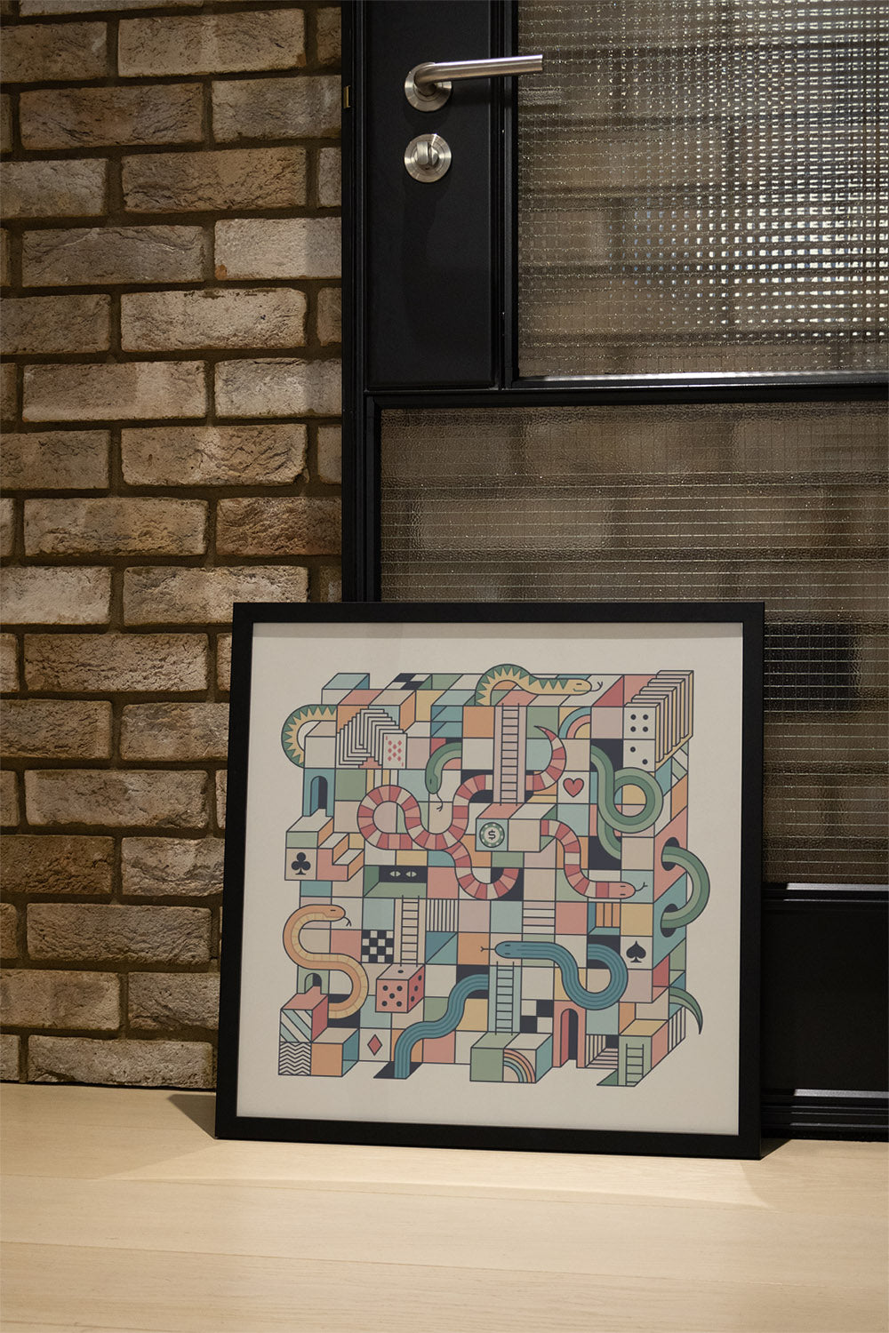 "Mental Block 12" by Rick Crane, fine art print in black frame displayed in a modern styled interior setting |type=lifestyle|