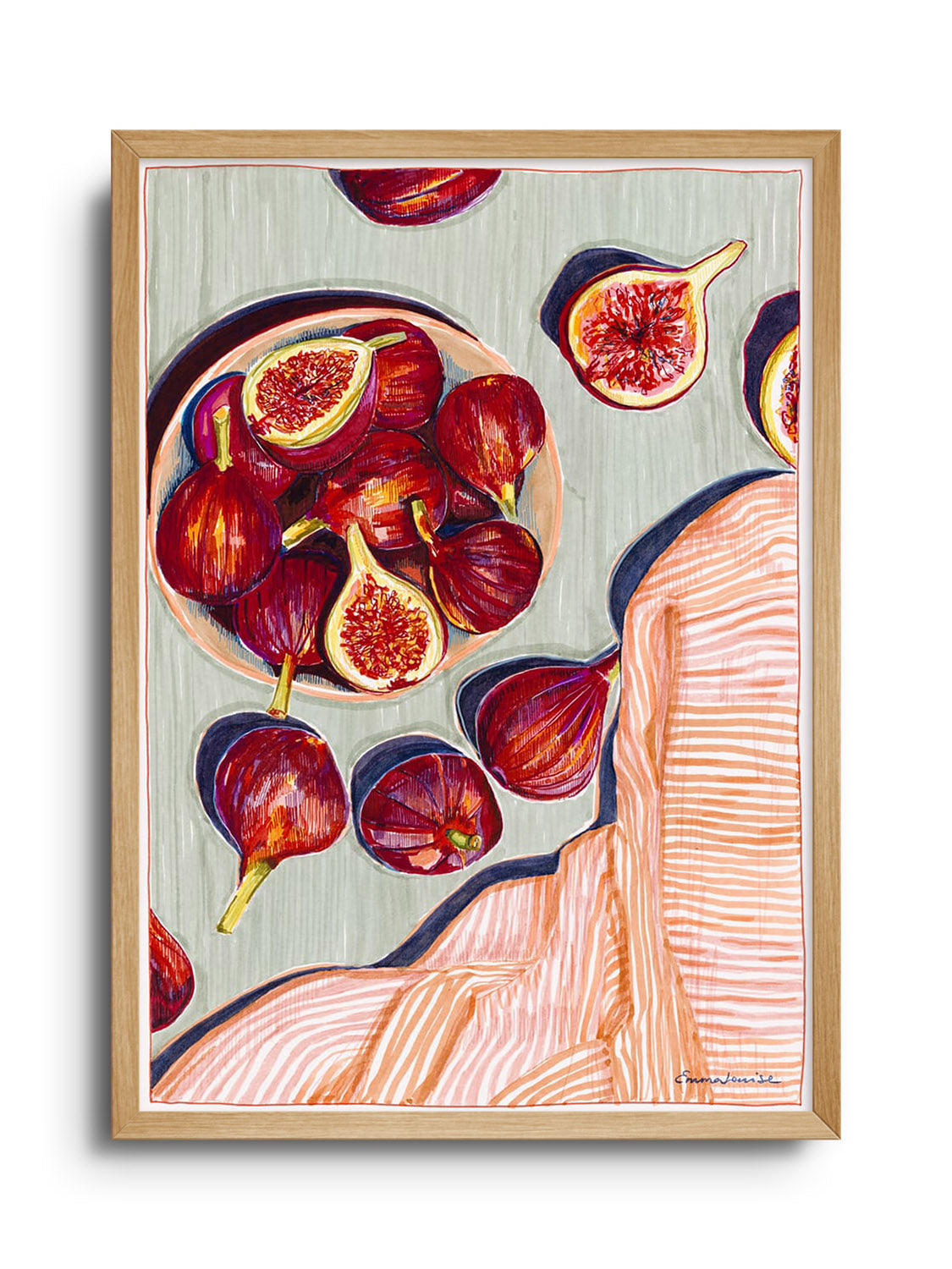 Fine art print "Figs" by Emma Louise in a Natural Frame, showcasing detailed fig illustration. |frame=Natural Frame|