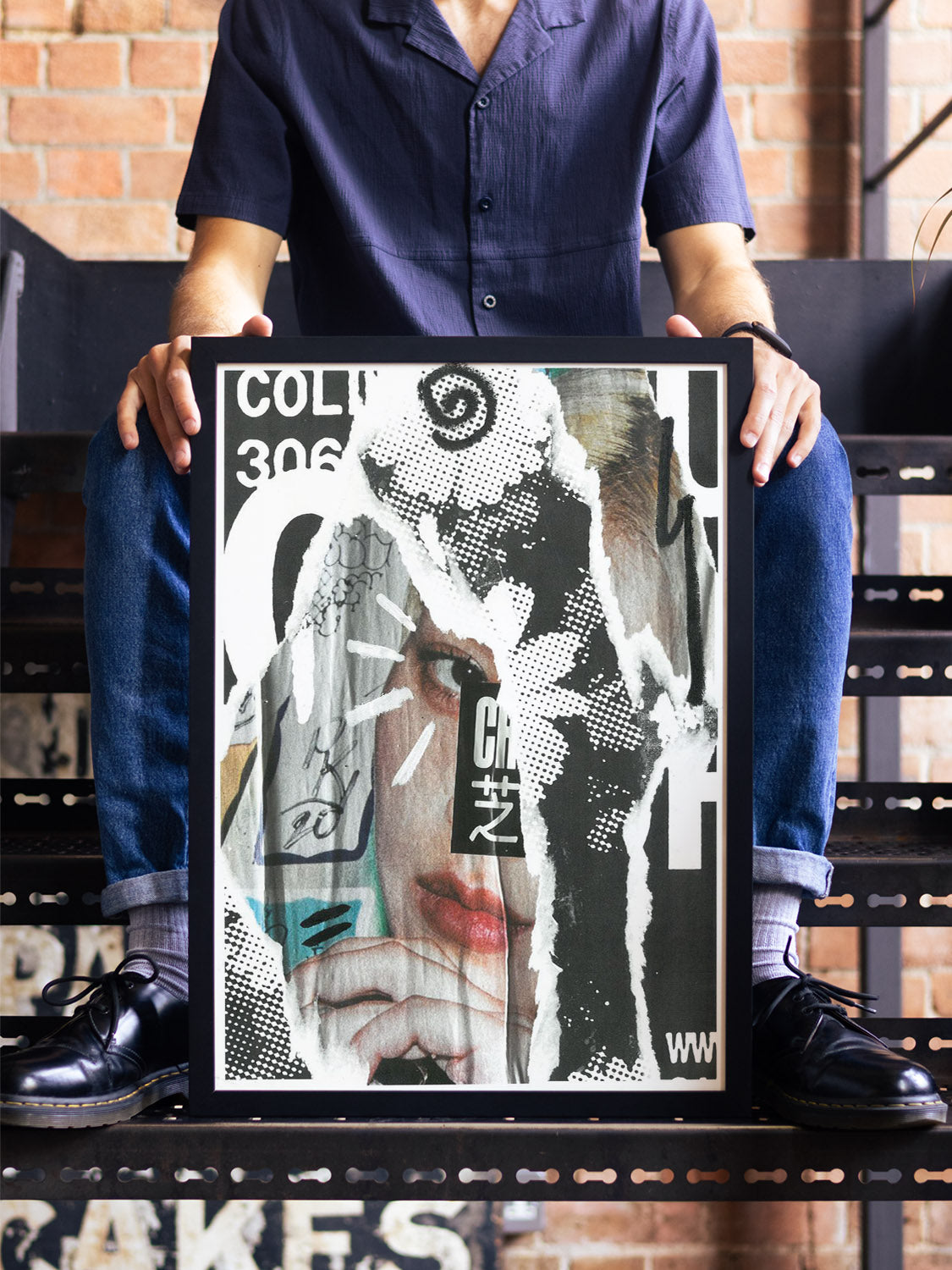 "MY CITY" by Chico Leong, fine art print in black frame, displayed in modern interior setting.