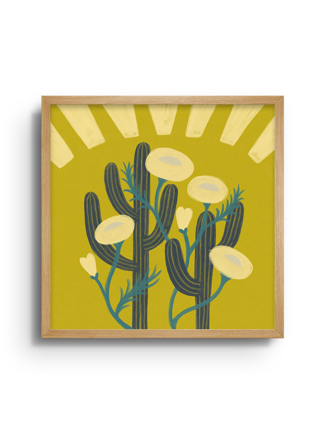 "Sunrise Cactai" by Sophia Sky fine art print in Natural Frame portrays a vibrant cactus under a morning sky. |frame=Natural Frame|