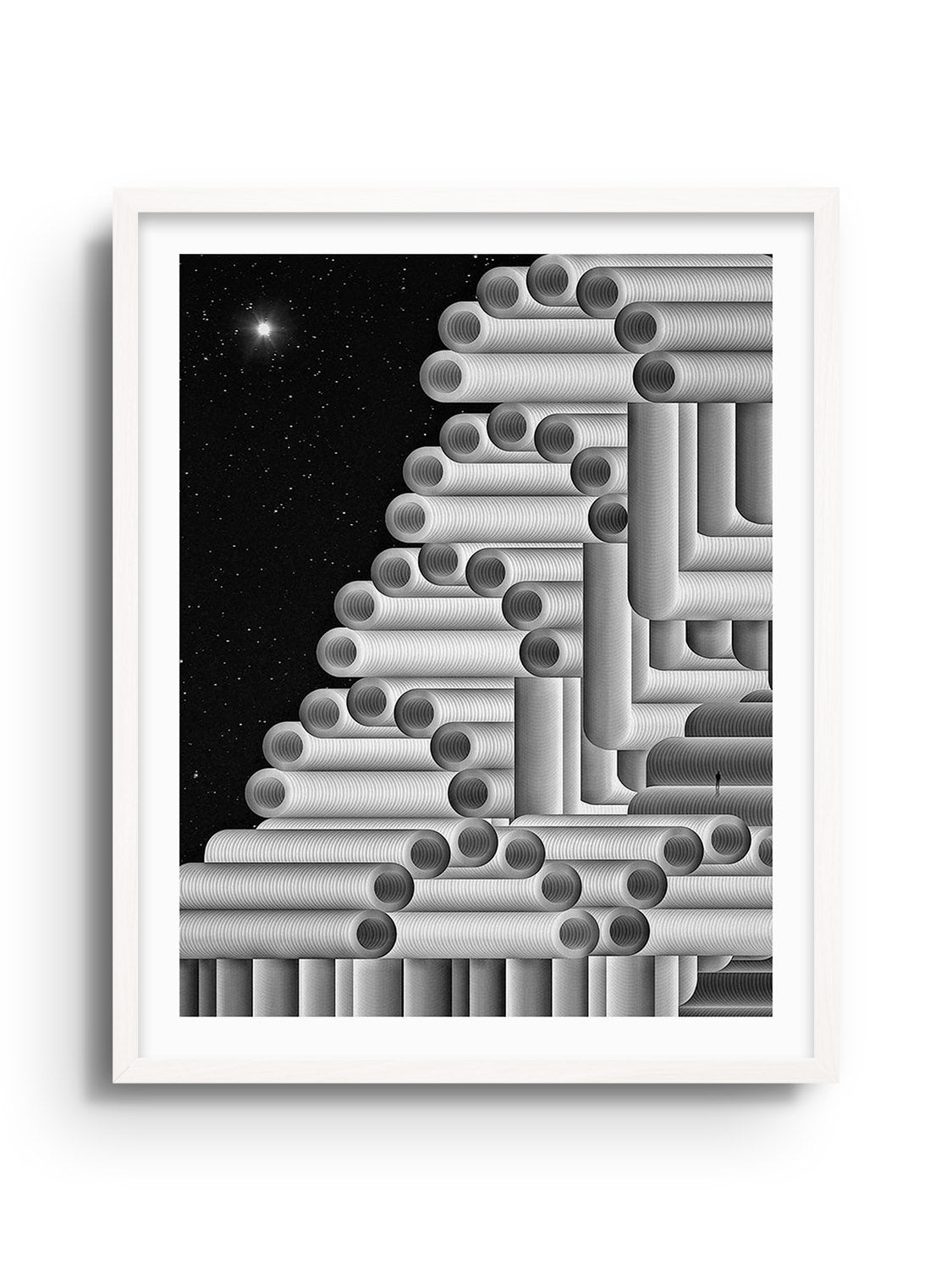 "Apparatus" by Michael Strevens, fine art print in white frame, fine details and geometric motifs displayed elegantly.