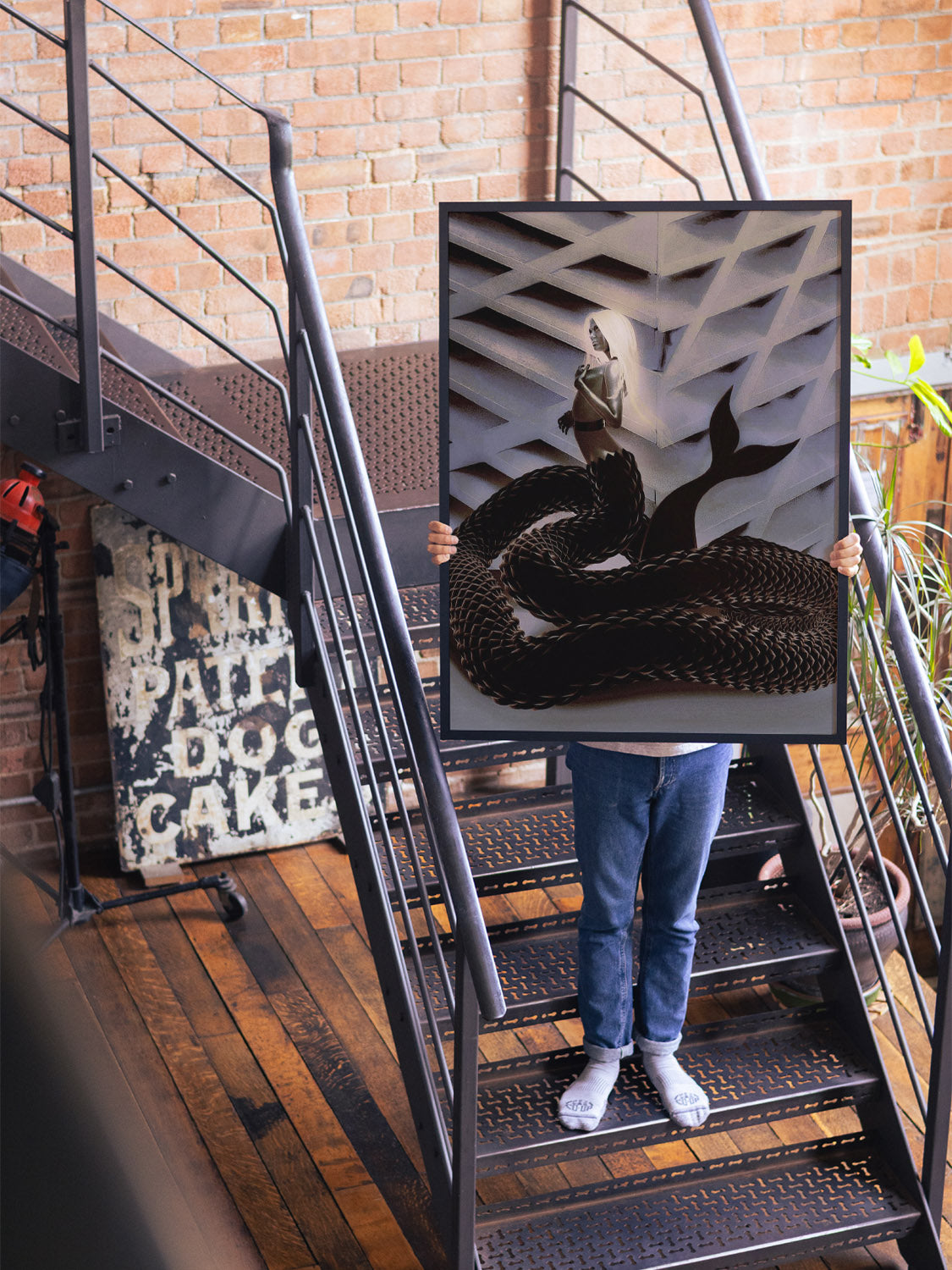 "The Woman Clothed in Mischief" by denisa rahma in black frame hanging in styled interior setting.