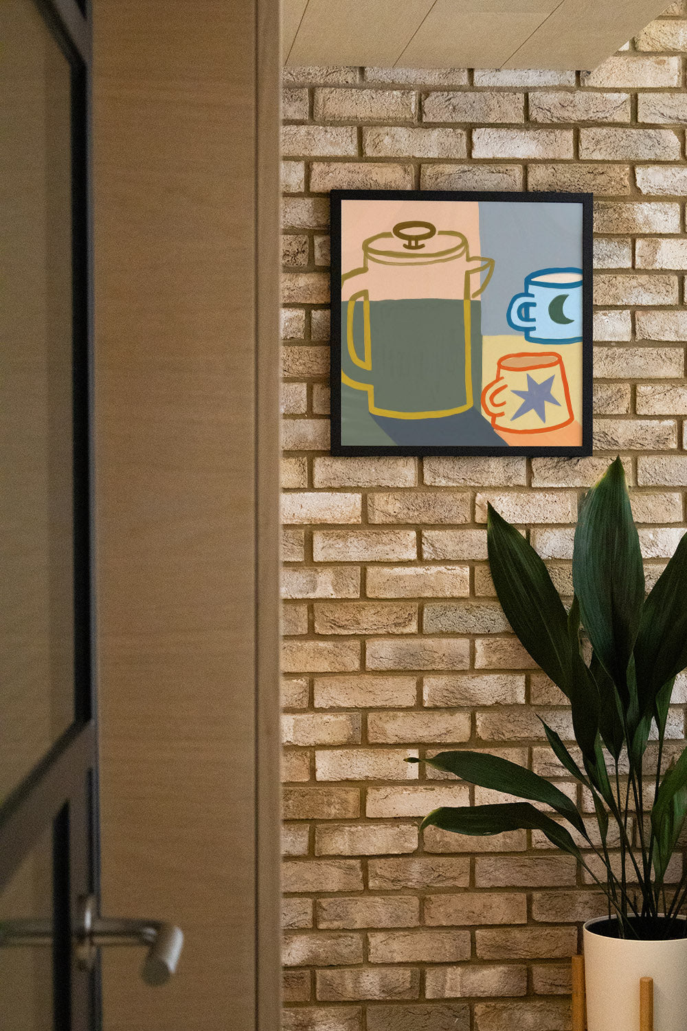 "Moon & Stars Coffee" by Sophia Sky in black frame displayed in styled interior setting. Fine art print showcasing celesti... |type=lifestyle|