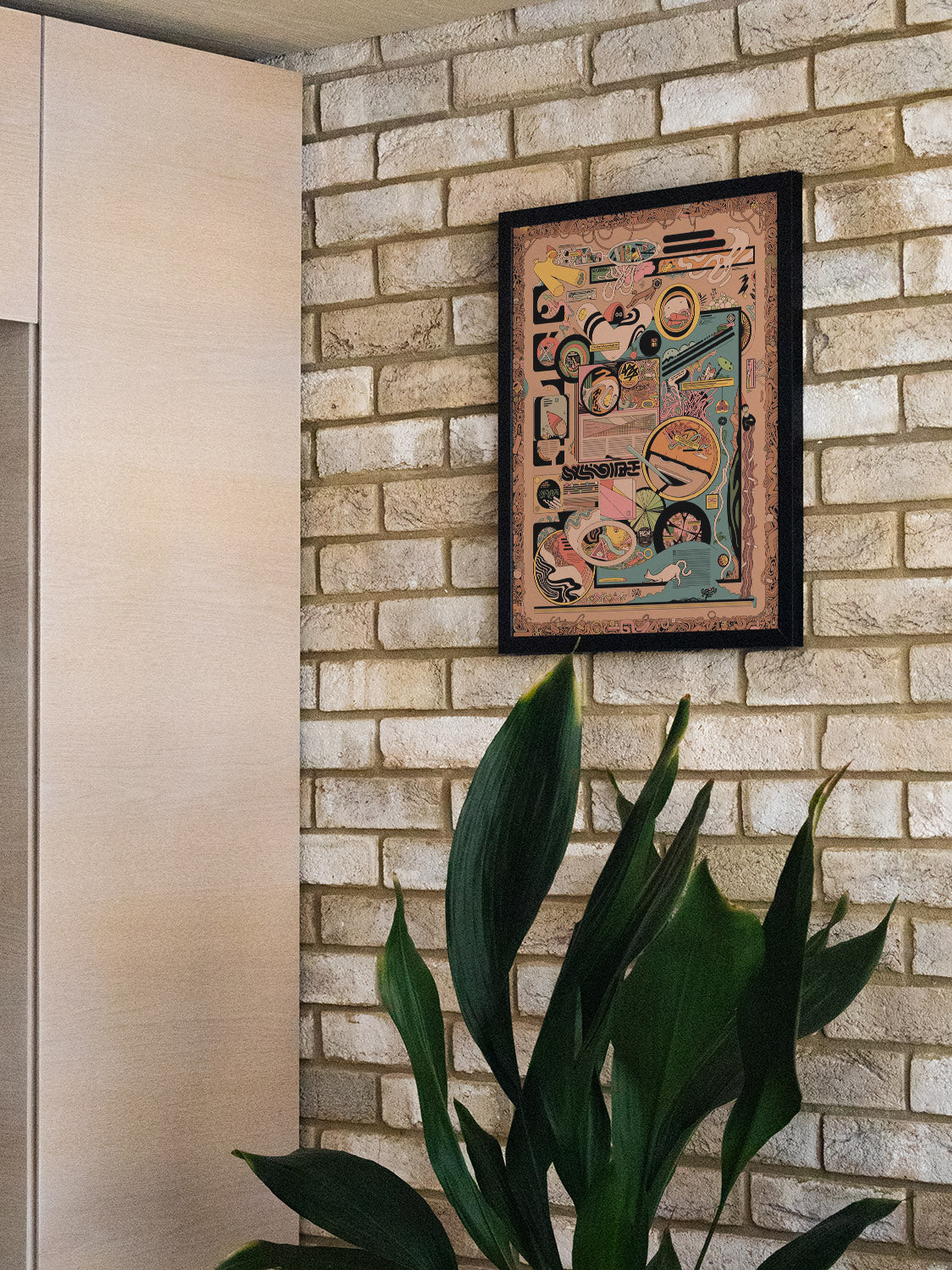 "Krabobitz" by Ori Toor in black frame displayed in styled interior with fine art print centered |type=lifestyle|