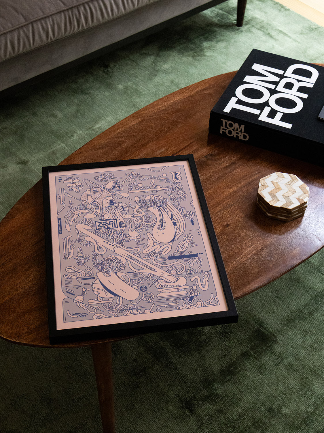 Fine art print "Tatado" by Ori Toor displayed in styled interior, in black frame. |type=lifestyle|