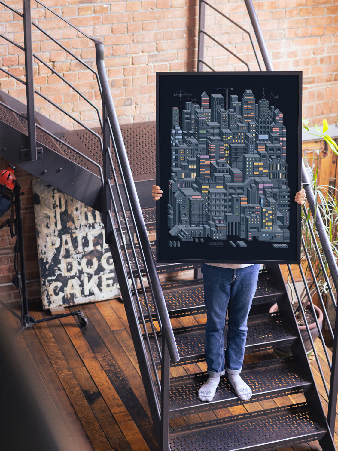 "City Builders (Nighttime)" by Rick Crane, fine art print in black frame displayed in a styled interior setting. |type=lifestyle|