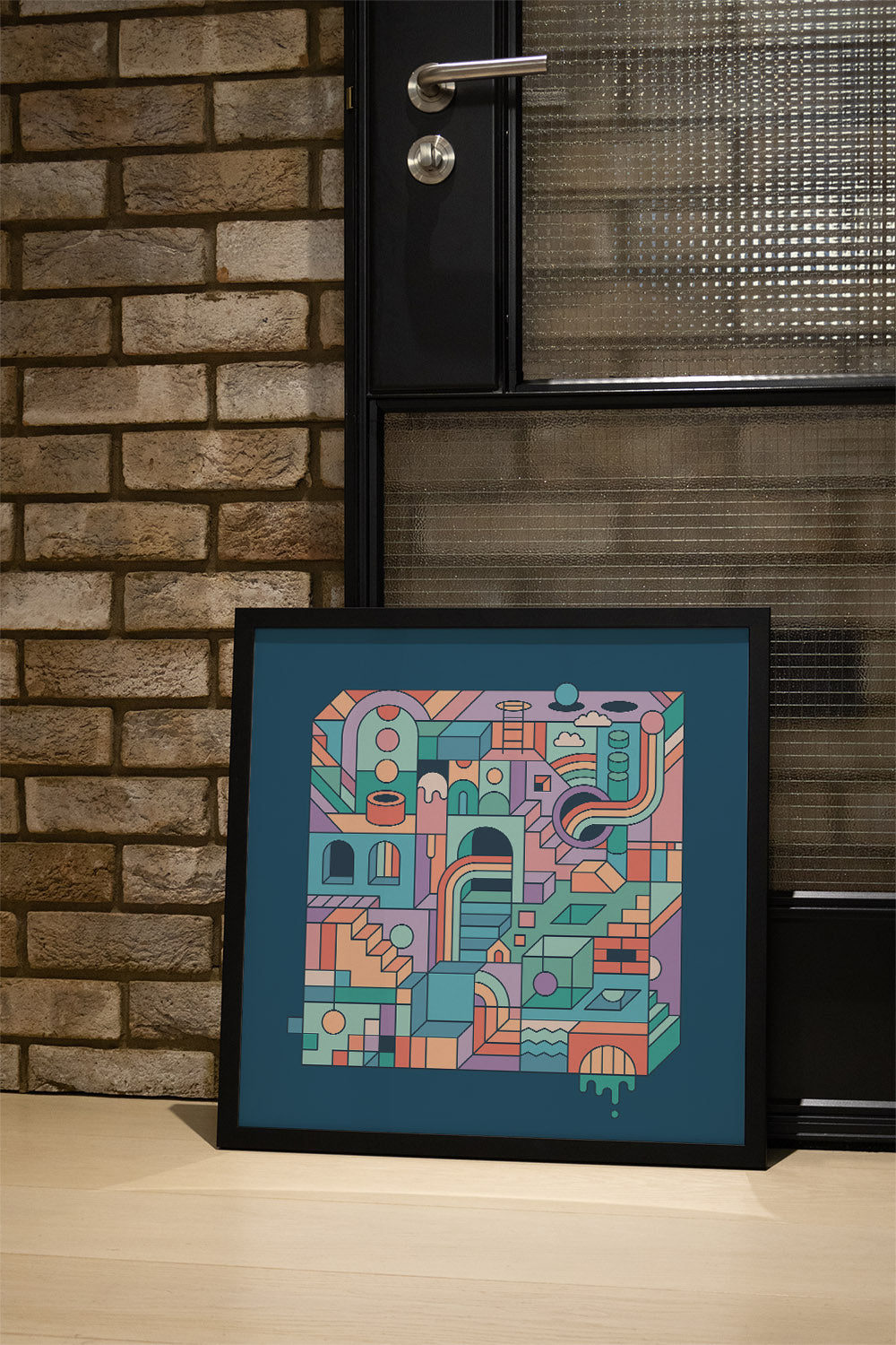 "Mental Block 1" by Rick Crane, fine art print in black frame displayed in a stylish interior setting. |type=lifestyle|