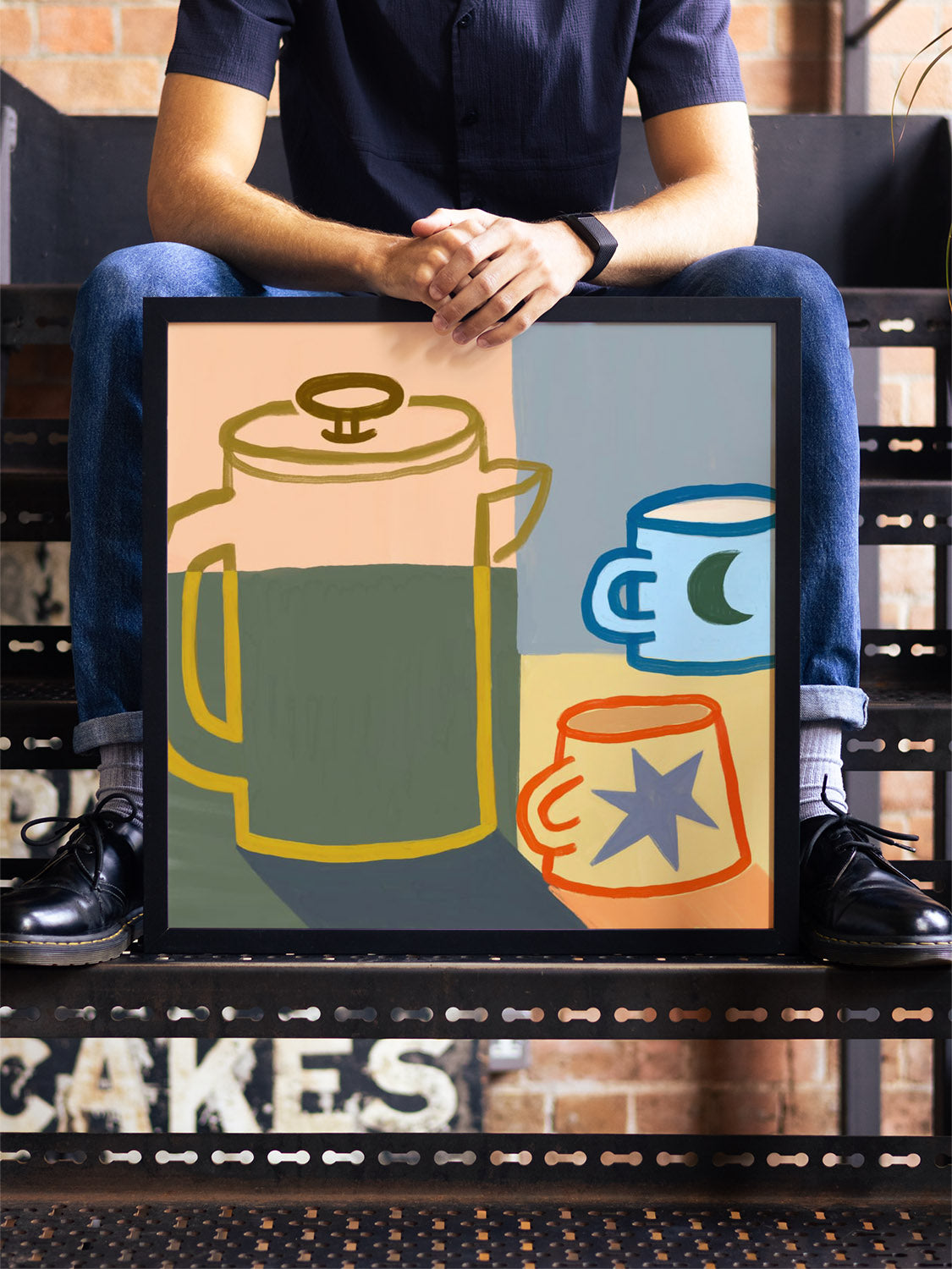 "Moon & Stars Coffee" by Sophia Sky, fine art print in black frame, displayed in a modern interior setting. |type=lifestyle|