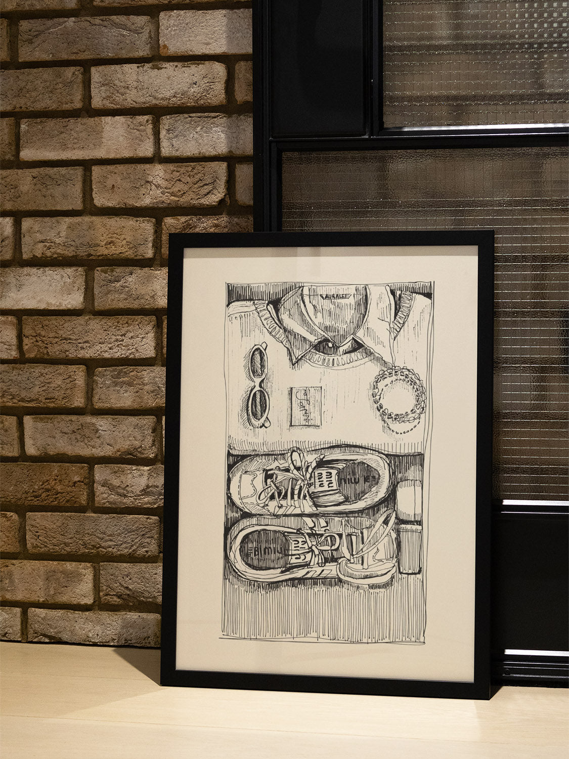 "Daily Flat Lays" by Emma Louise in white frame displayed in a styled interior setting, showcasing fine art print. |type=lifestyle|