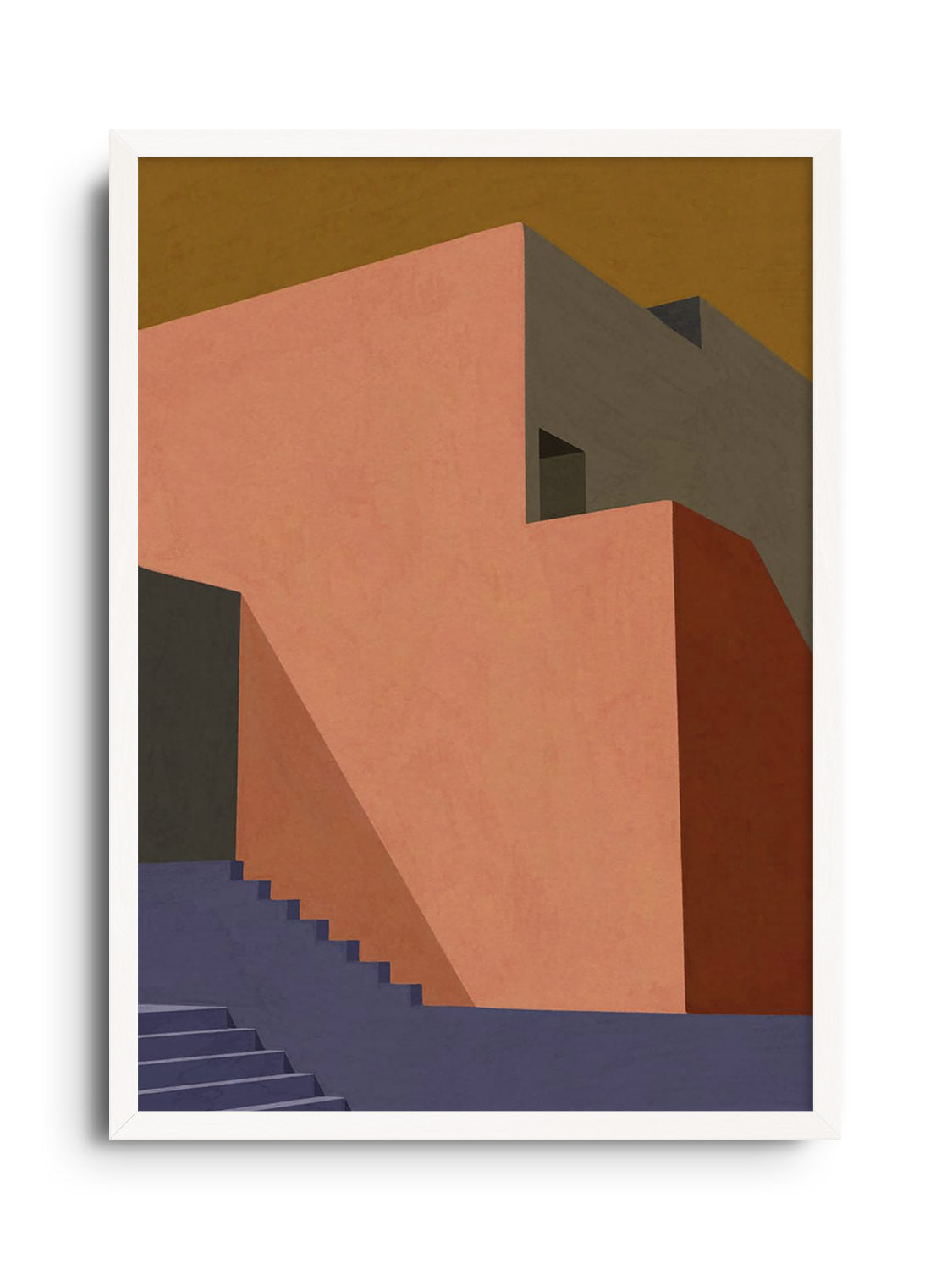 "The Pink Wall Behind The Blue Staircase" by Sophie Deller in white frame fine art print. |frame=White Frame|