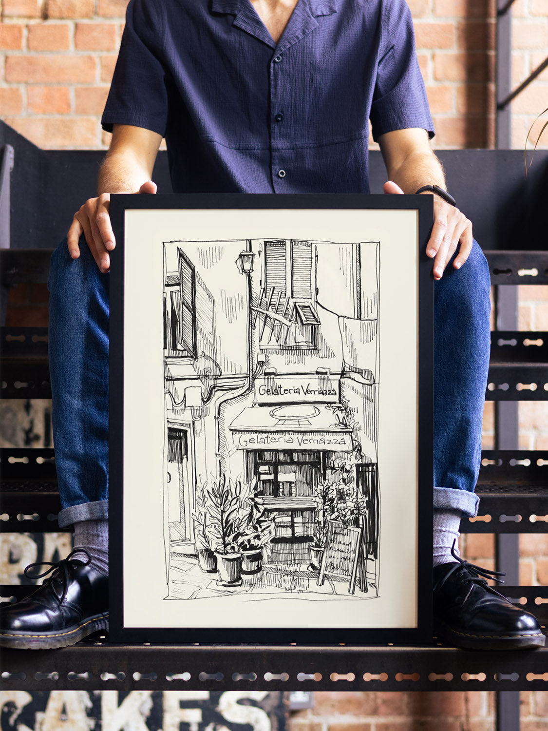 "Sun On Gelateria Verriazza" by Emma Louise, fine art print in black frame displayed in styled interior setting |type=lifestyle|