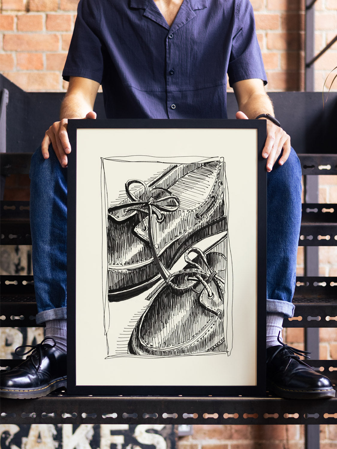 "Boat Shoes" by Emma Louise, fine art print in black frame displayed in stylish interior setting |type=lifestyle|