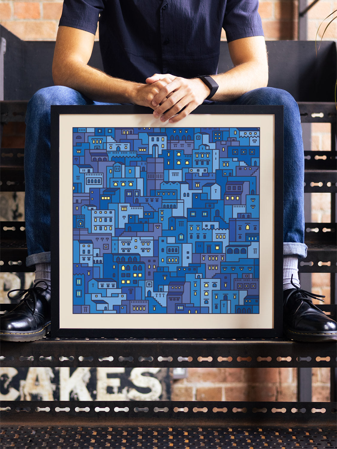 "Settlements 04 – Chefchaouen, Morocco" by Rick Crane in black frame displayed in modern interior setting. |type=lifestyle|