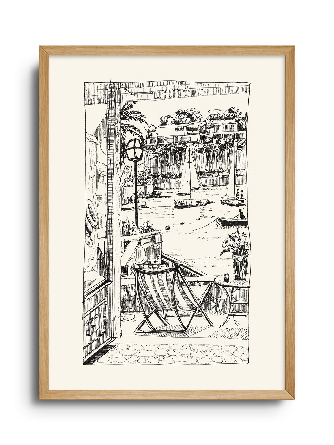 "Balcony In Italy" by Emma Louise, fine art print in Natural Frame, depicting a serene Italian balcony scene. |frame=Natural Frame|